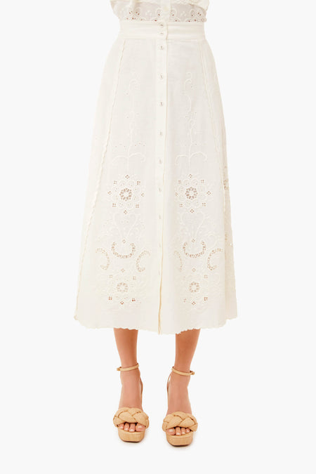 White Kiara Embroidered Button-Down Skirt