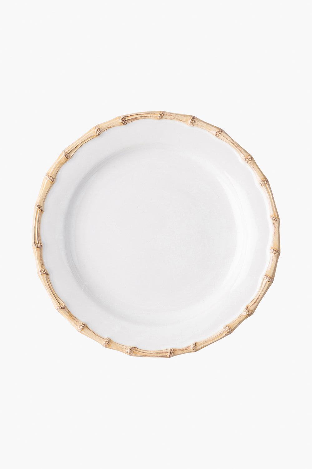 A white Juliska ceramic stoneware plate with a bamboo-inspired textured rim, viewed from above, brings elegance to any table setting.