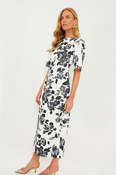 Black Flowers on Ivory Kora Rounded Twill Dress