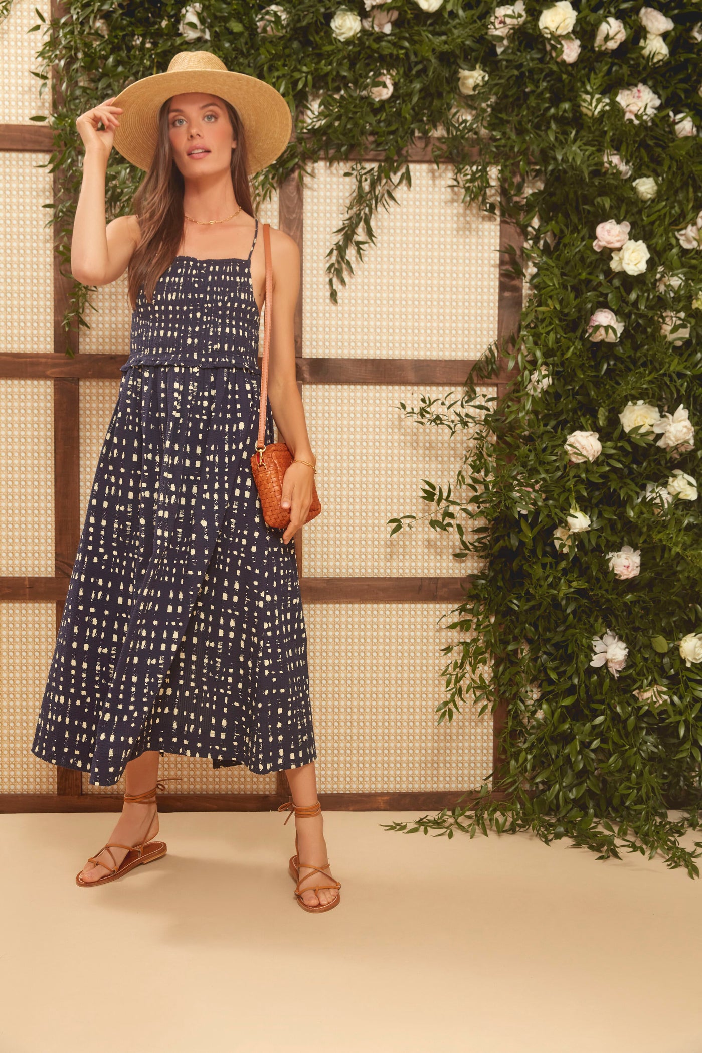 Natural Woven Checker Midi Sac