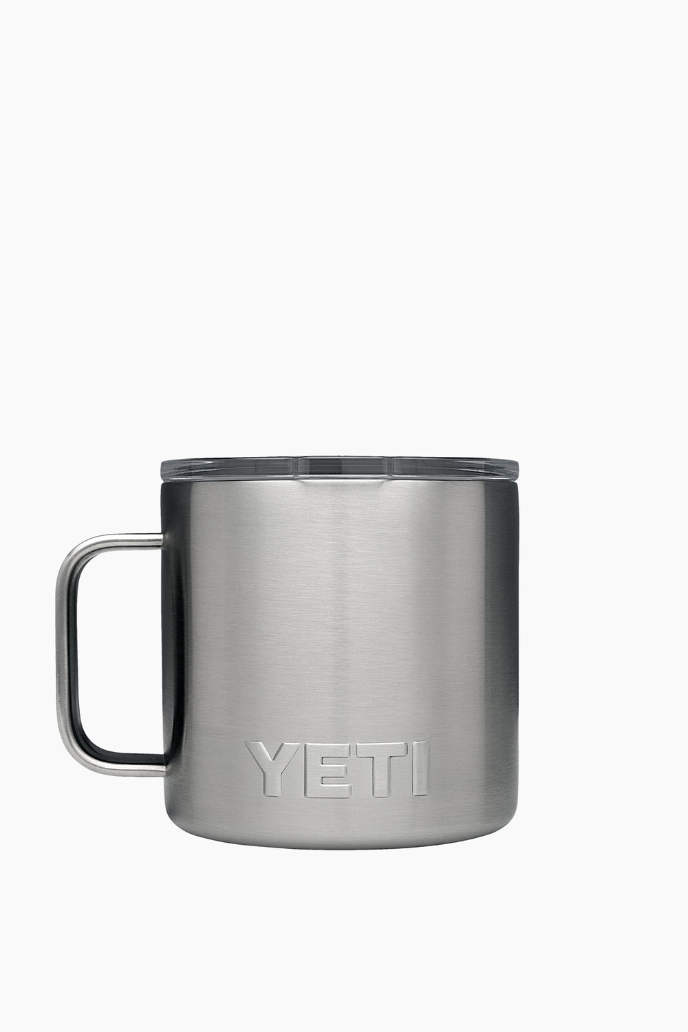 The YETI Rambler Mug is made of stainless steel, includes a handle and clear lid, and features double-wall vacuum insulation to keep drinks hot or cold for longer.