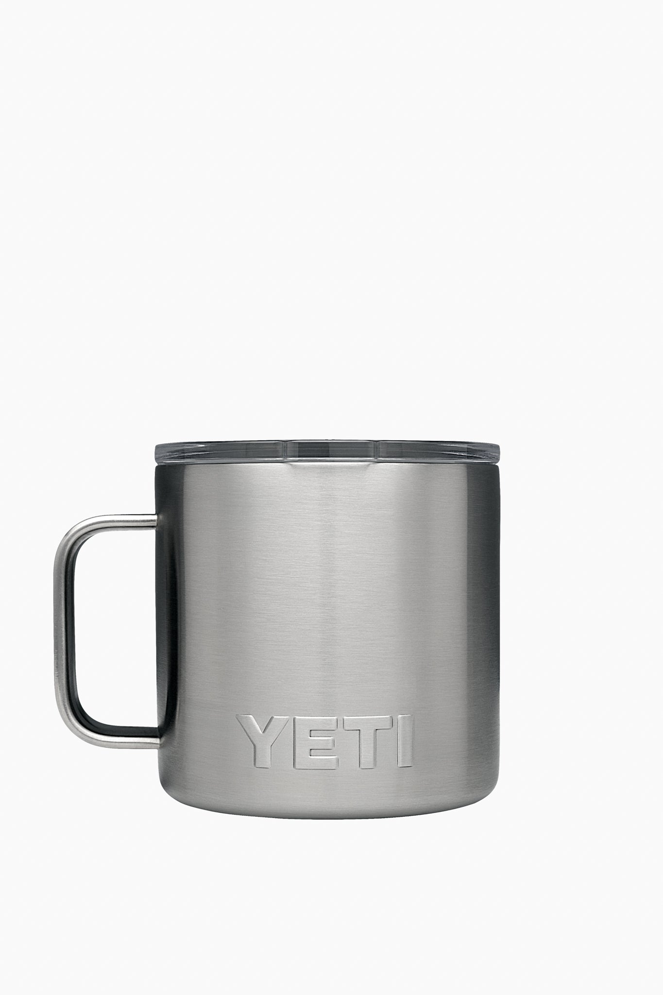 The YETI Rambler Mug is made of stainless steel, includes a handle and clear lid, and features double-wall vacuum insulation to keep drinks hot or cold for longer.