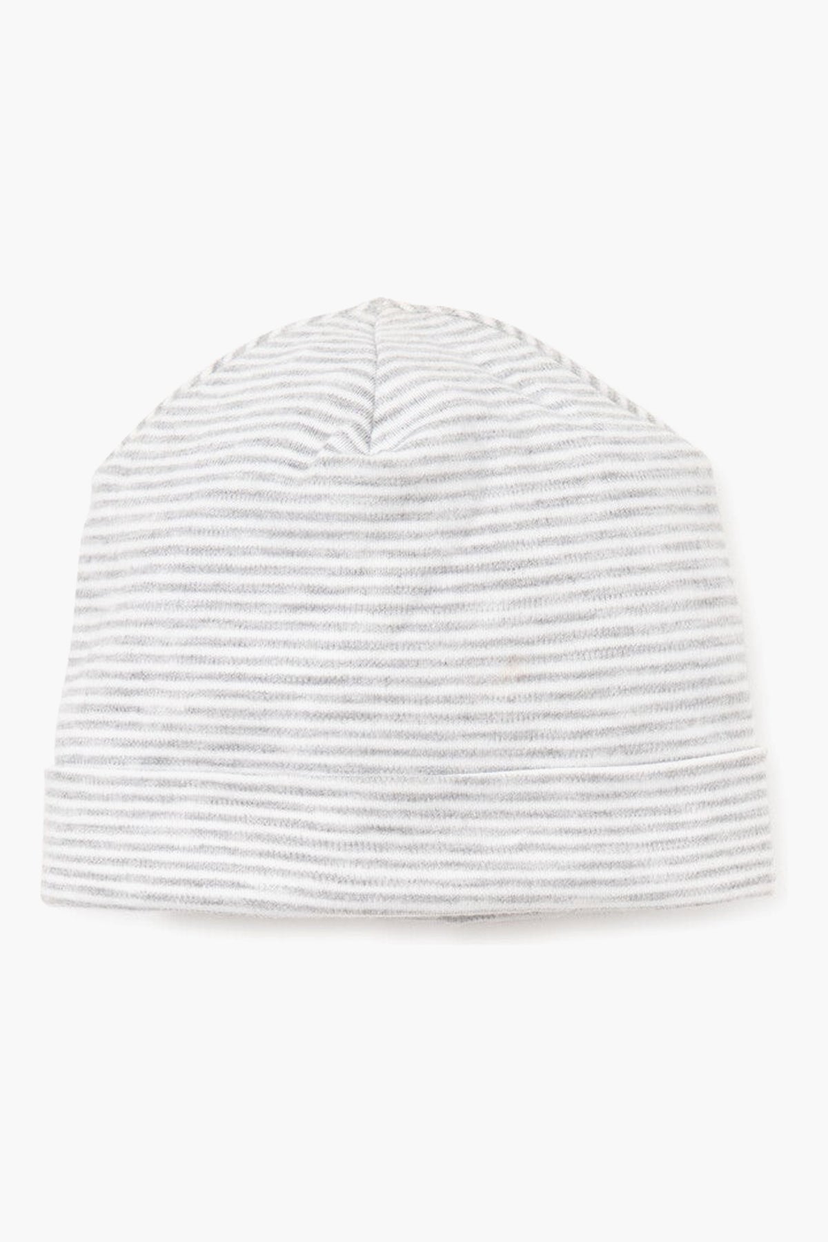 A kissy kissy white Pima cotton baby hat with light gray thin horizontal stripes in the Classic Rib Hat style.