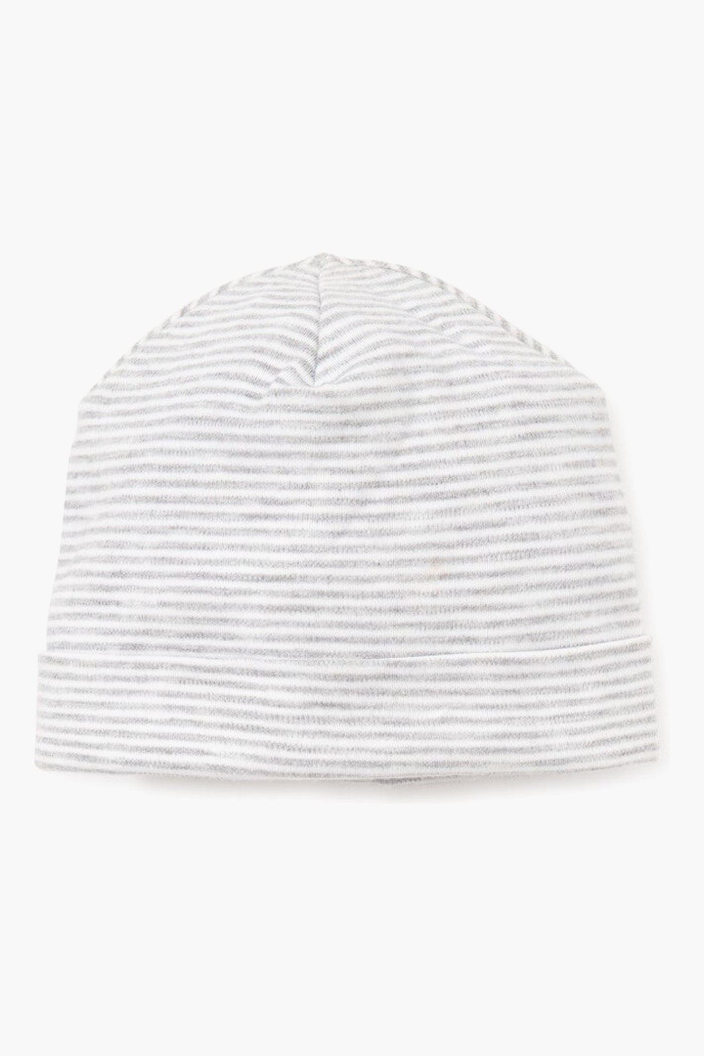 A kissy kissy white Pima cotton baby hat with light gray thin horizontal stripes in the Classic Rib Hat style.