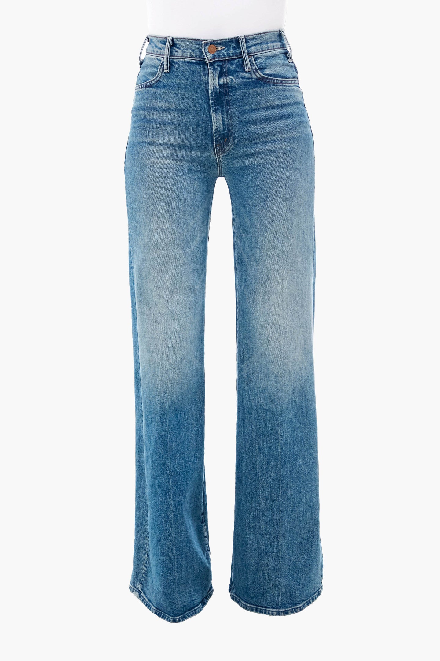 MOTHER's 70s-inspired high-rise wide leg jeans in light blue feature front and back pockets and are crafted from organic cotton.