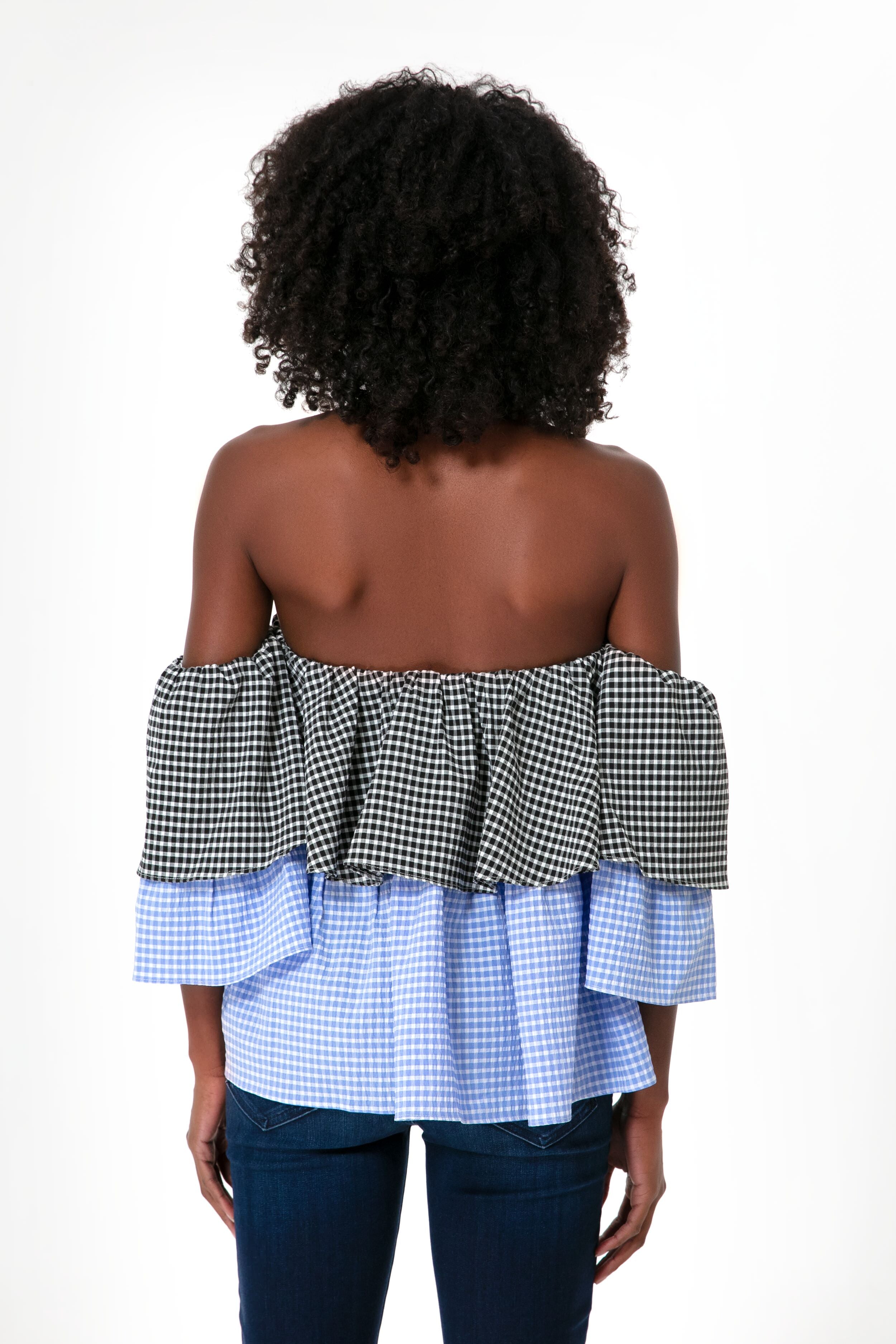 Gingham Off The Shoulder Tiered Teddy Top
