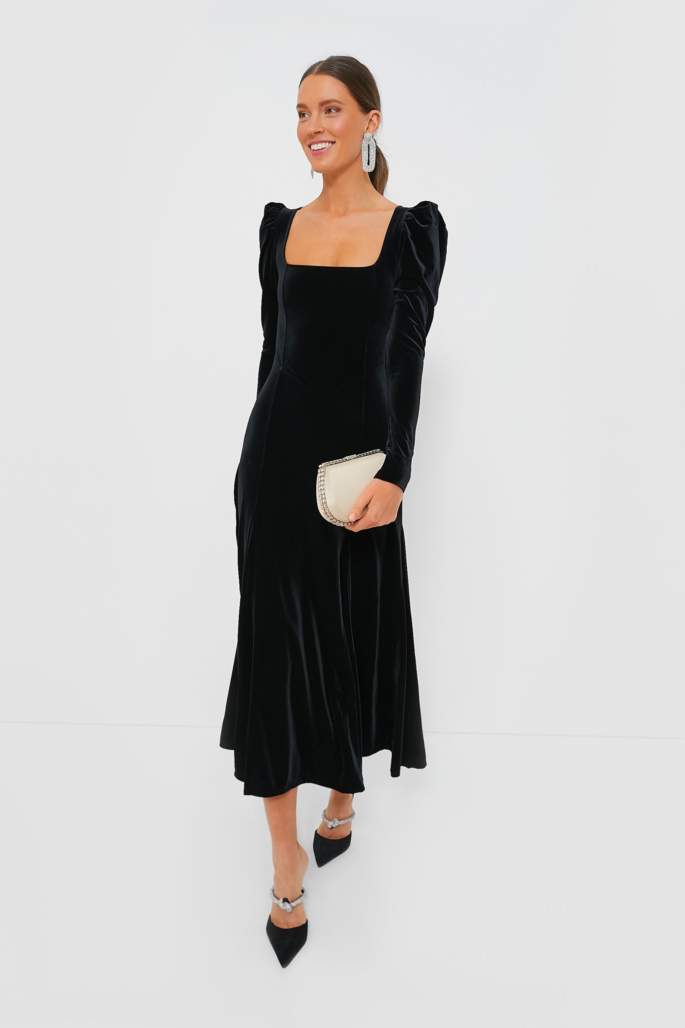 Black Velvet Jersey Puff Sleeve Maxi Dress | GANNI