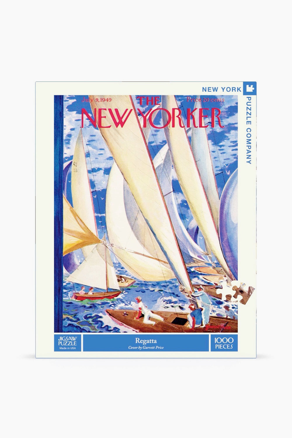 The New York Puzzle Company’s 1000-piece puzzle, “Regatta,” features a vintage New Yorker cover by Garrett Price with sailboats with white and yellow sails racing on blue water, and people aboard.