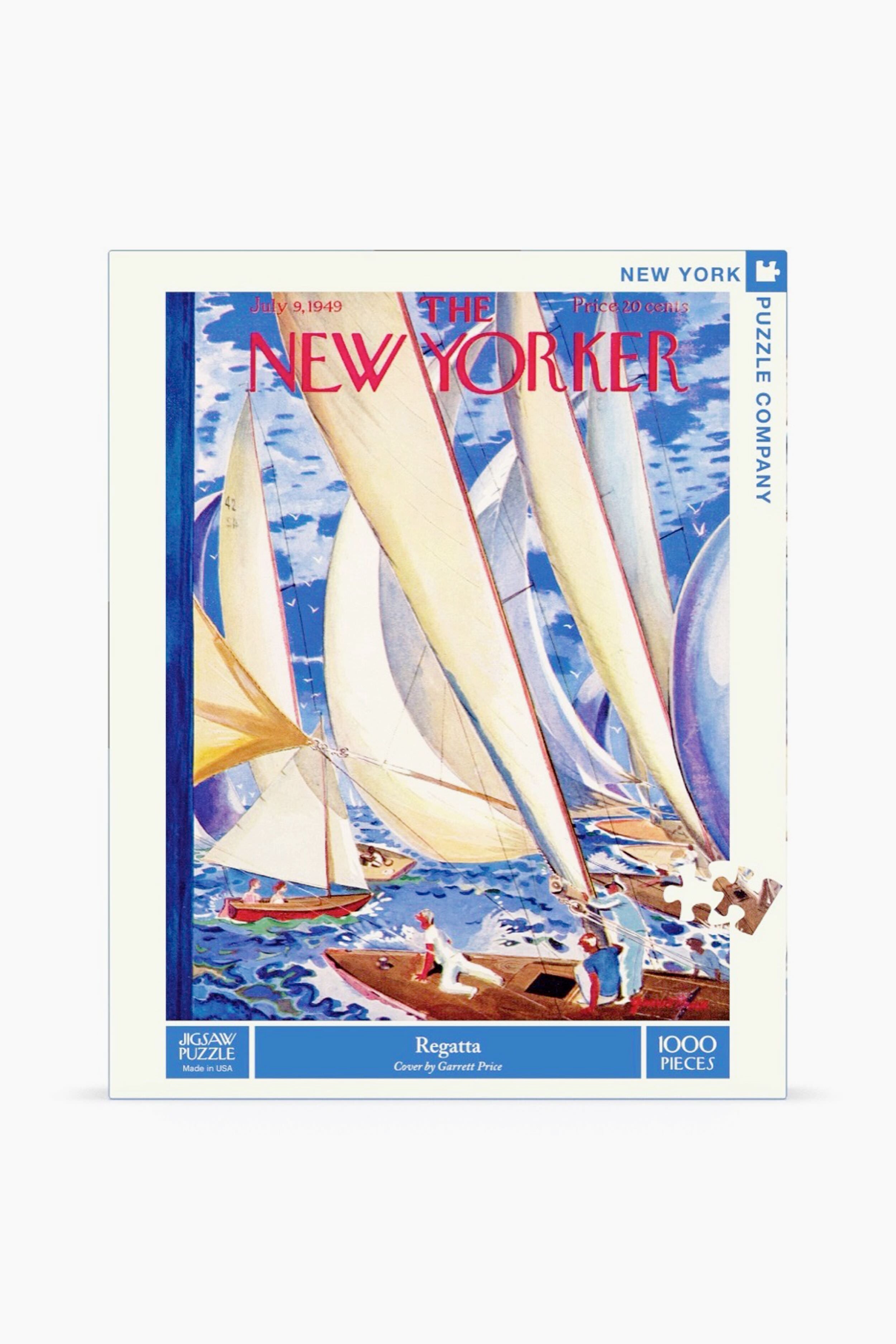 The New York Puzzle Company’s 1000-piece puzzle, “Regatta,” features a vintage New Yorker cover by Garrett Price with sailboats with white and yellow sails racing on blue water, and people aboard.