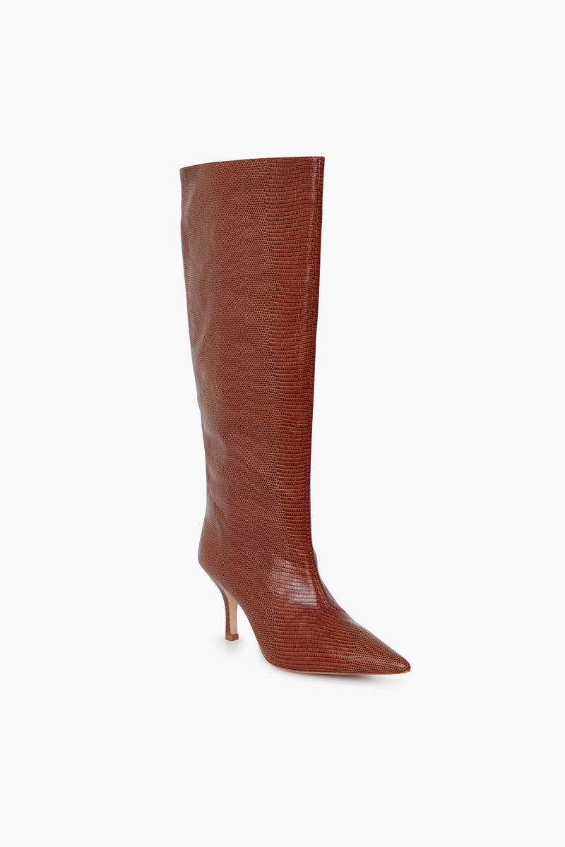 Loeffler Randall brown knee-high boots featuring a pointed toe, slim heel, and lizard-embossed leather finish.