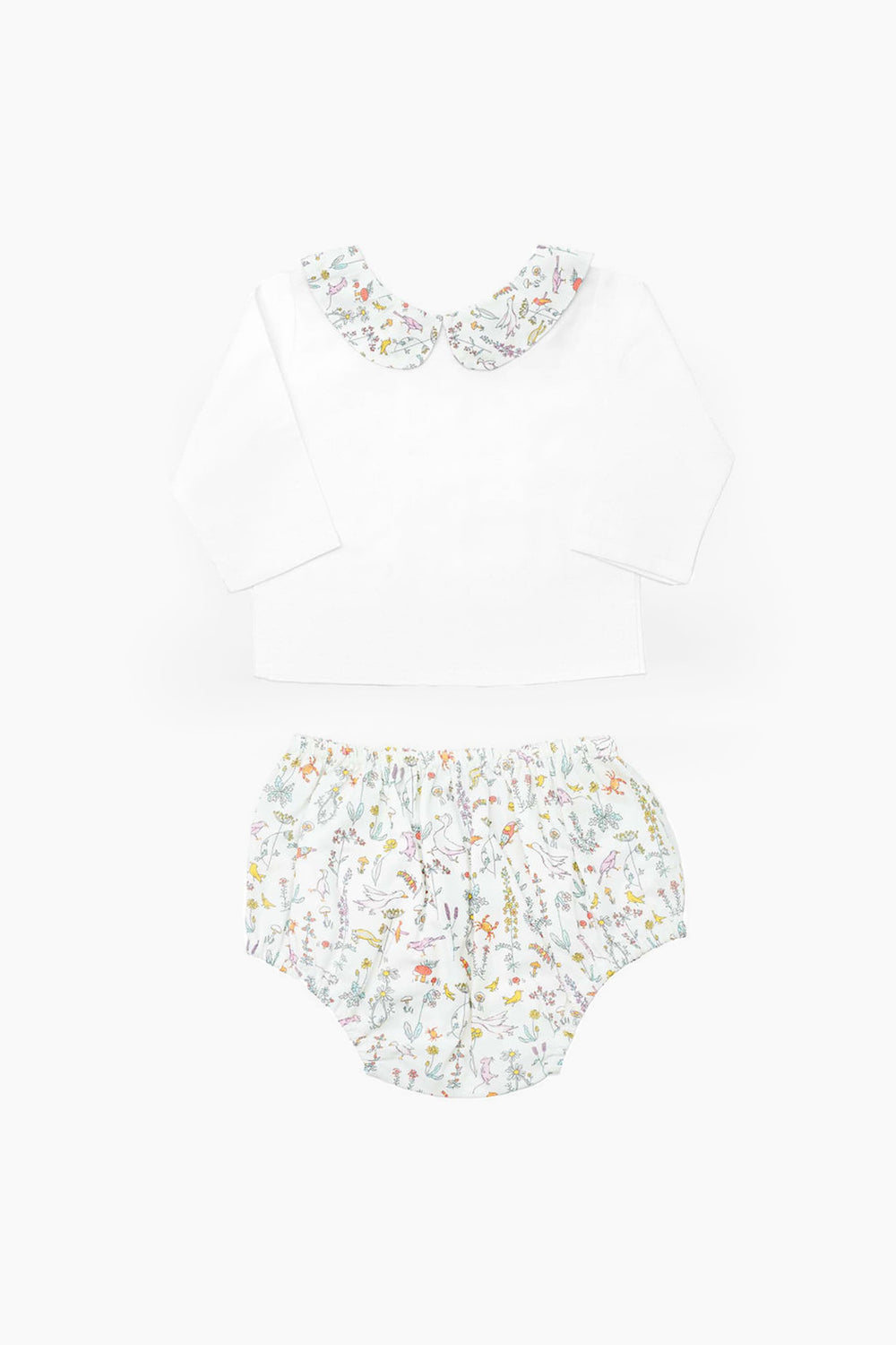 Louelle. two-piece baby outfit featuring a white long-sleeve double button blouse with a floral collar and matching white floral bloomers—an elegant luxury baby gift set.