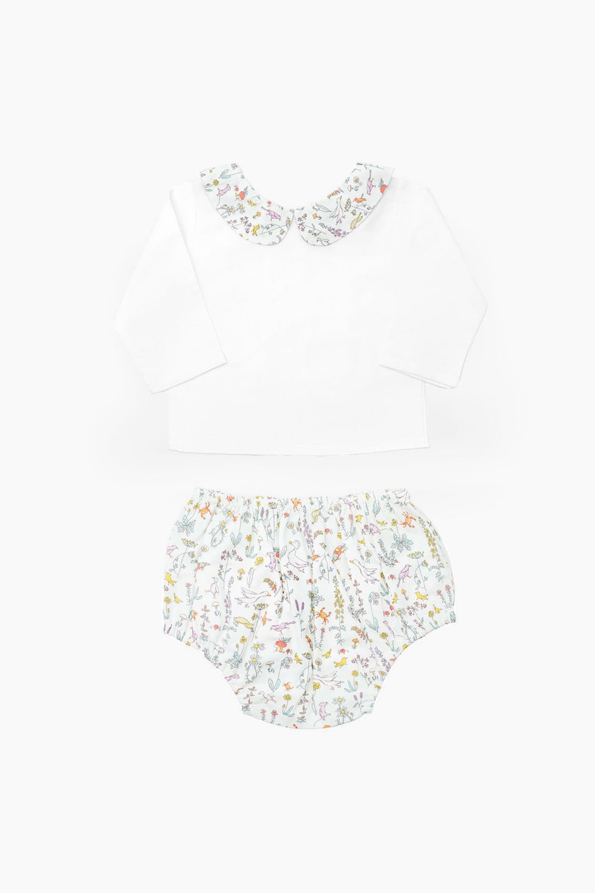 Louelle. two-piece baby outfit featuring a white long-sleeve double button blouse with a floral collar and matching white floral bloomers—an elegant luxury baby gift set.