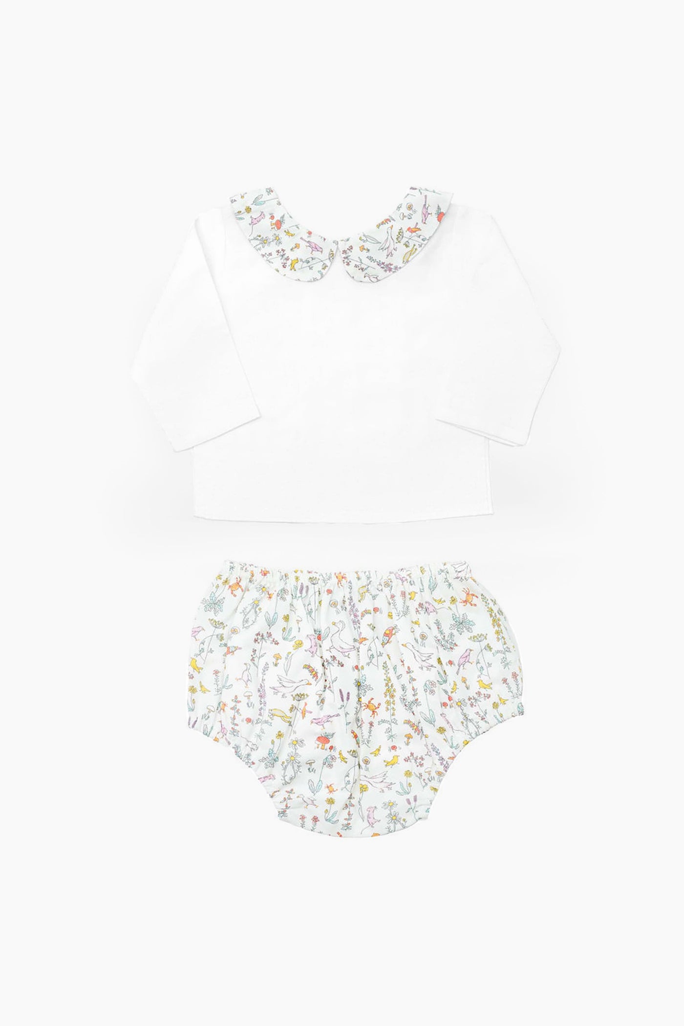 Louelle. two-piece baby outfit featuring a white long-sleeve double button blouse with a floral collar and matching white floral bloomers—an elegant luxury baby gift set.