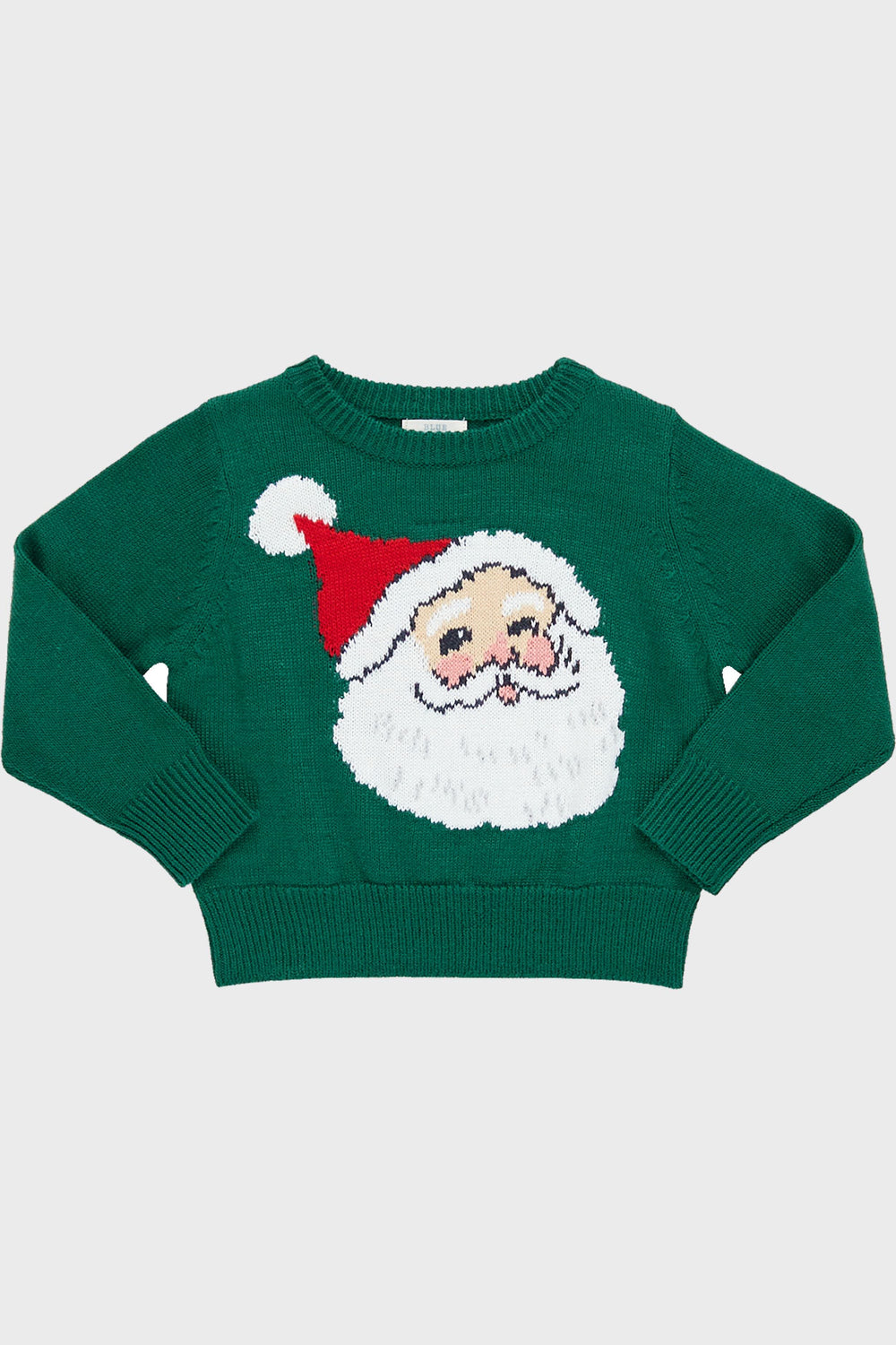 The Pink Chicken Evergreen Santa Oliver Sweater is a green knitted boys' holiday sweater featuring a Santa Claus illustration in a red hat, perfect for festive occasions.