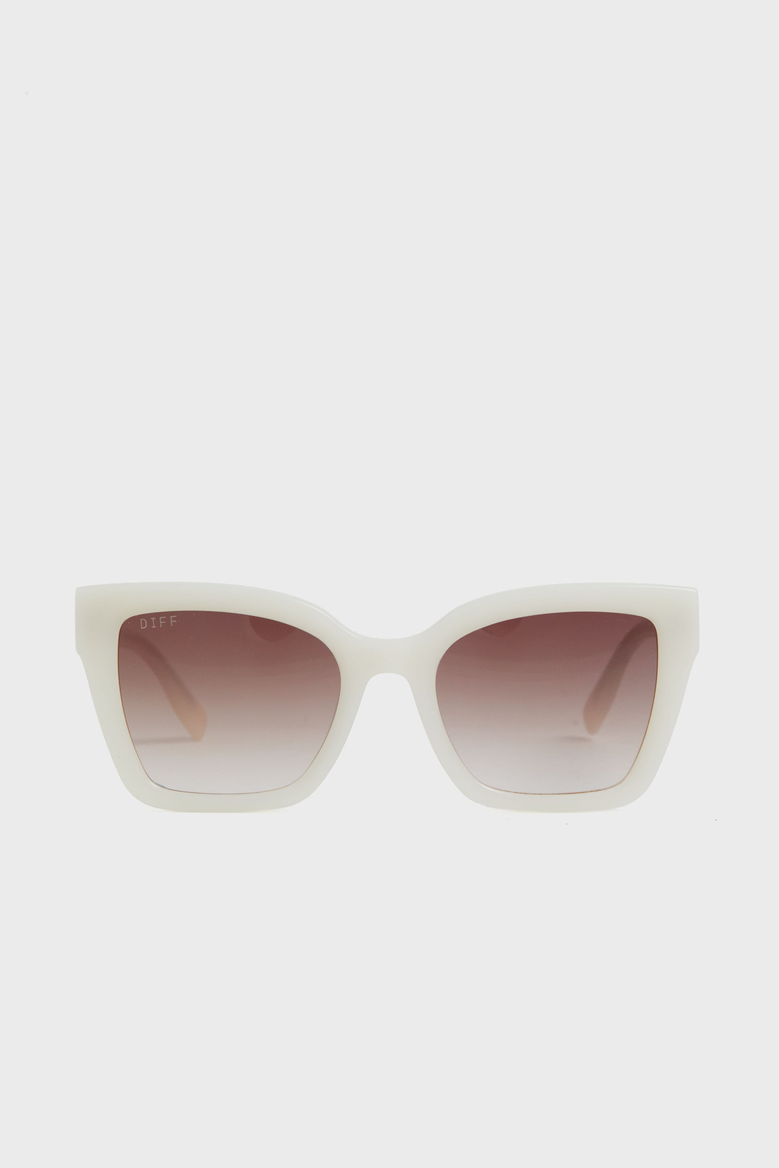 White rectangular sunglasses with gradient brown lenses and an oversized square frame, featuring the DIFF Eyewear design.