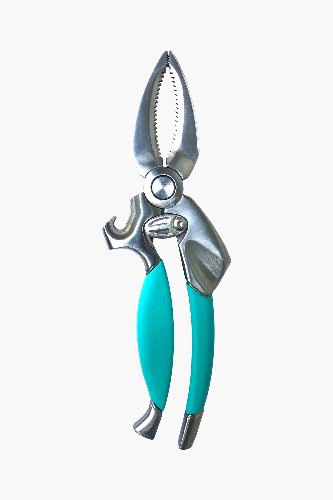The Toadfish stainless steel multi-tool with teal handles features a serrated blade, bottle opener, nutcracker, and crab claw cutter—making it the perfect seafood tool for eco-friendly coastal living.