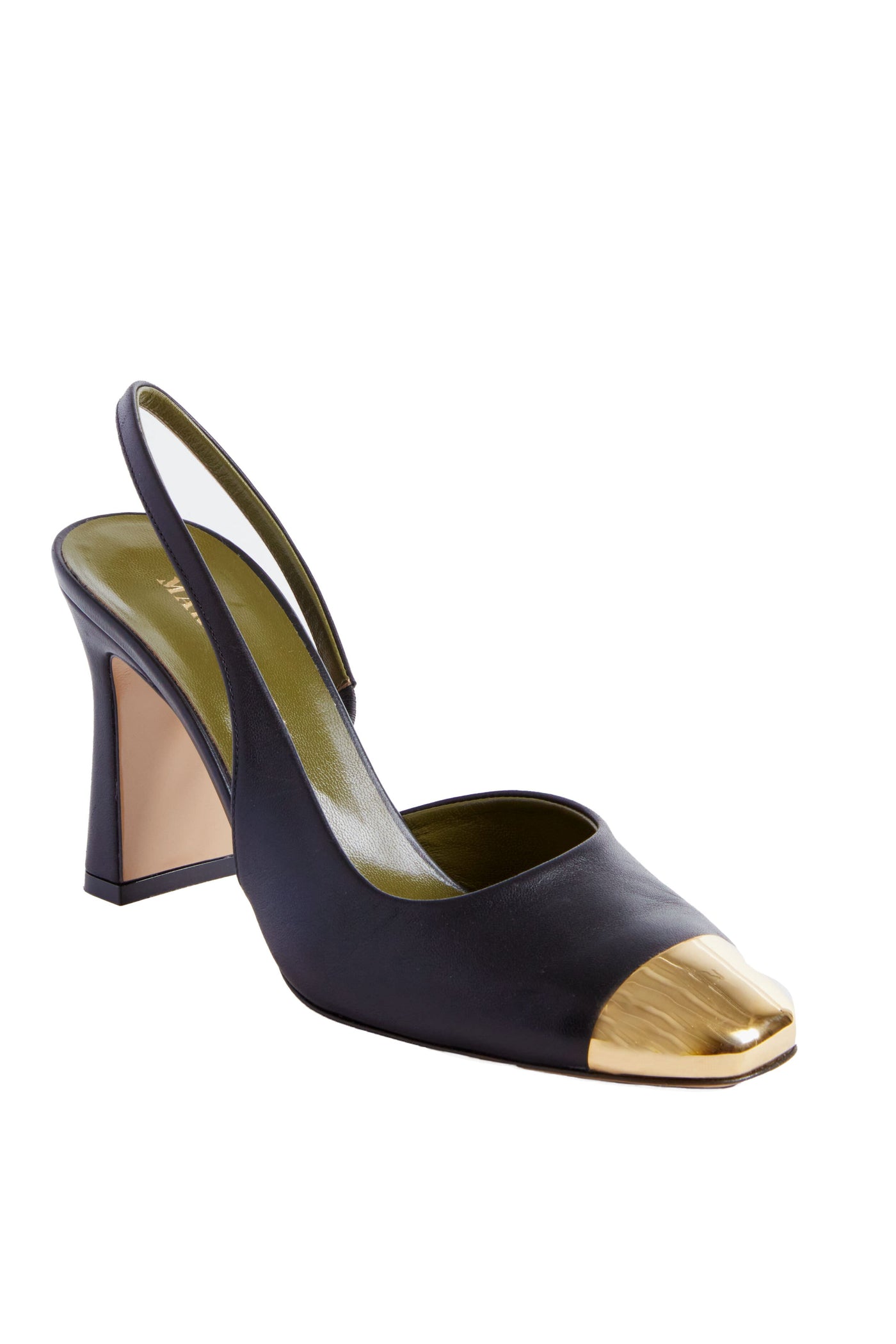 Maria Luca black slingback high heel crafted in luxurious lambskin leather, features a metallic gold square toe cap and block heel for a sophisticated finish.