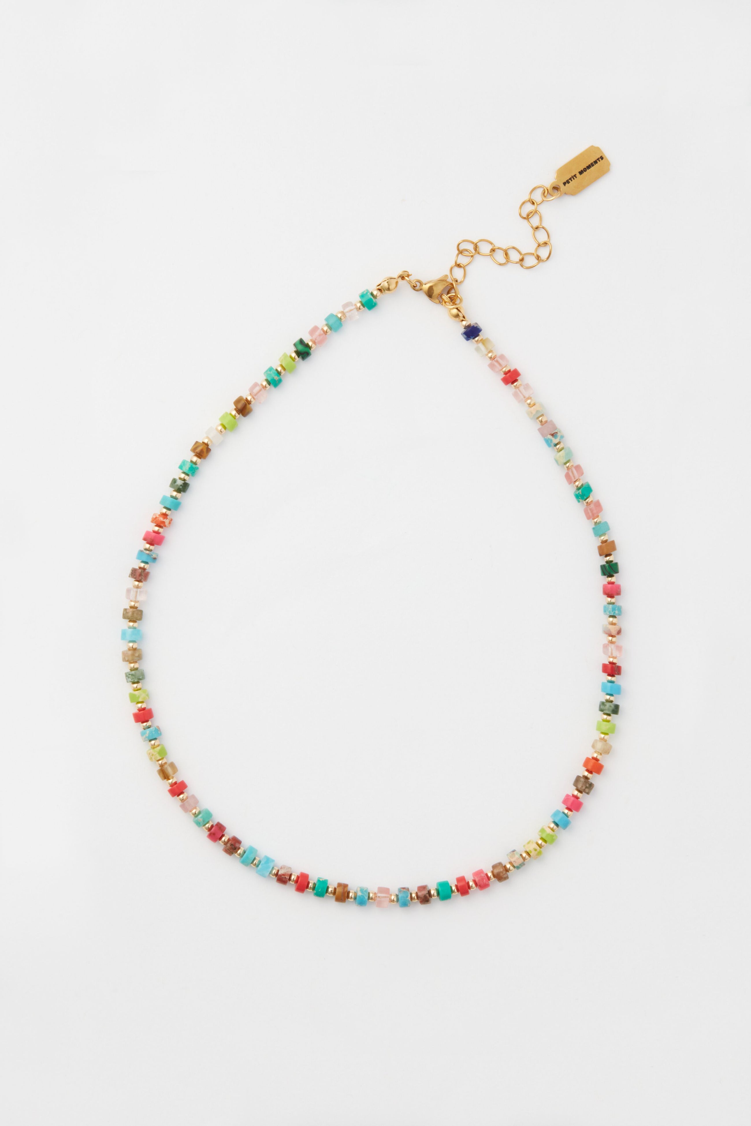 The Petit Moments multicolor beaded necklace features cube-shaped beads and a gold adjustable clasp, perfect for layering.