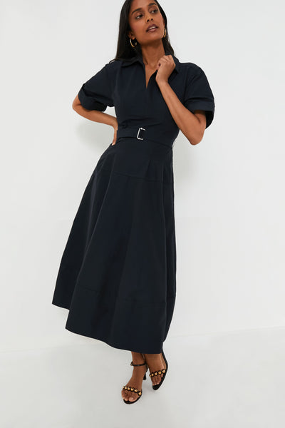Black Short Sleeve Belted Midi Dress