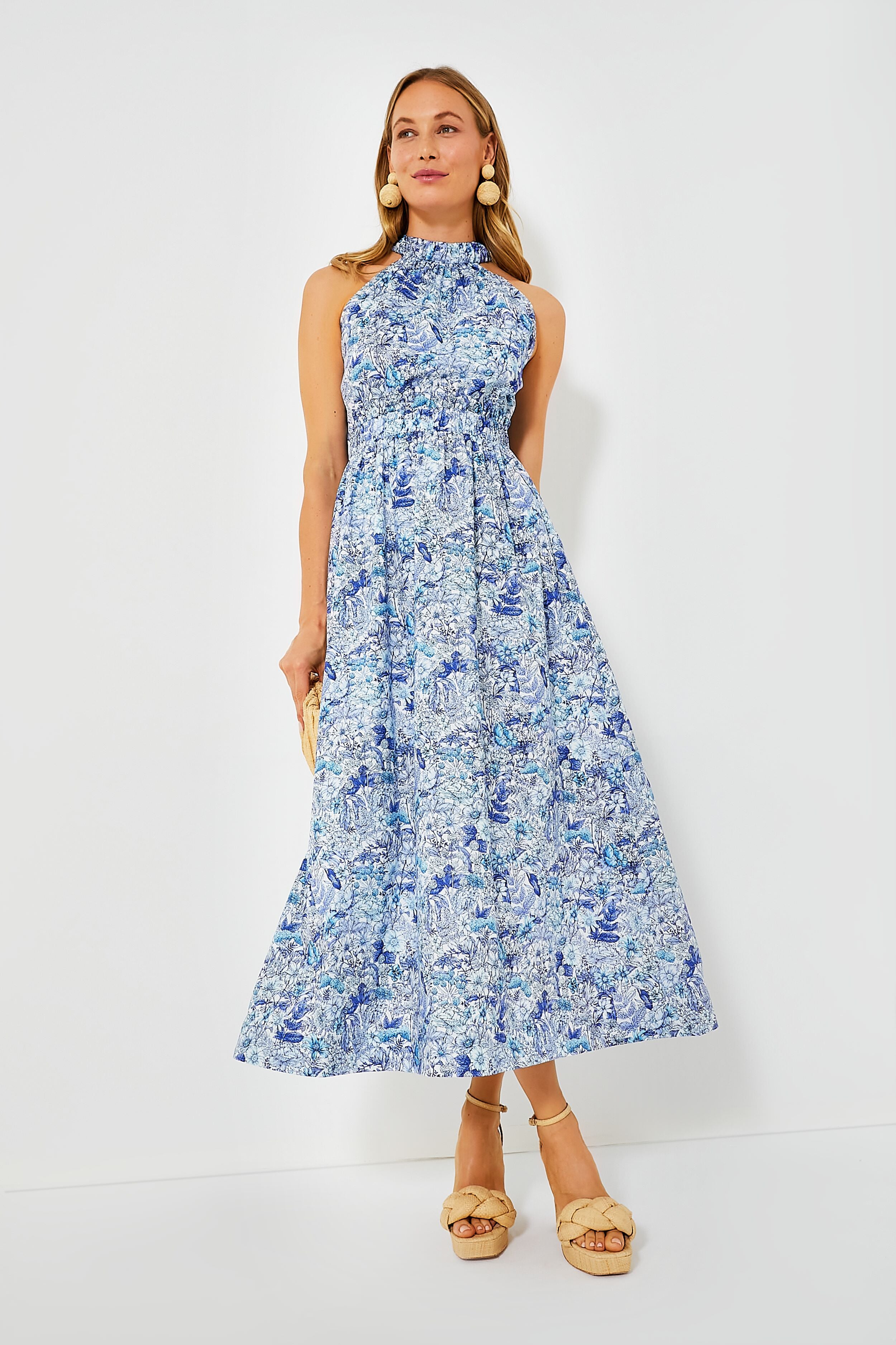 Blue Floral High Neck Heidi Midi Dress | Hyacinth House