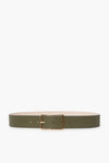 B-Low the Belt olive green leather hip belt with a rectangular gold-tone buckle, perfect for adding a stylish, modern accent to any outfit.