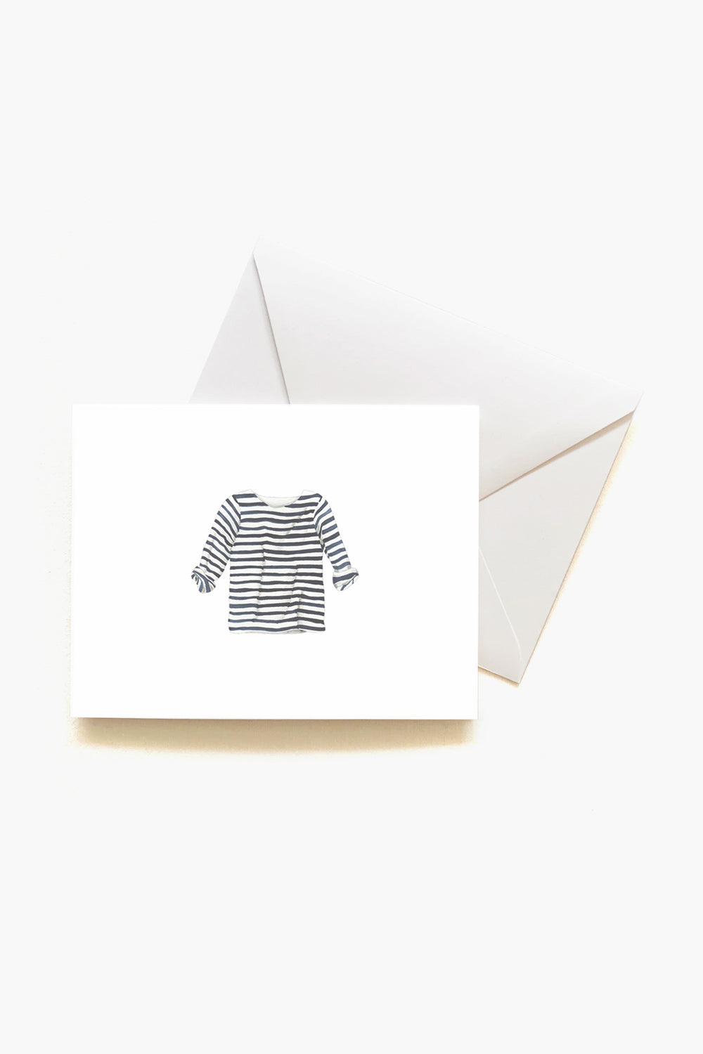 A Sara Fitz greeting card featuring a blue and white striped long-sleeve shirt illustration, paired with a white envelope—ideal for coastal stationery enthusiasts.
