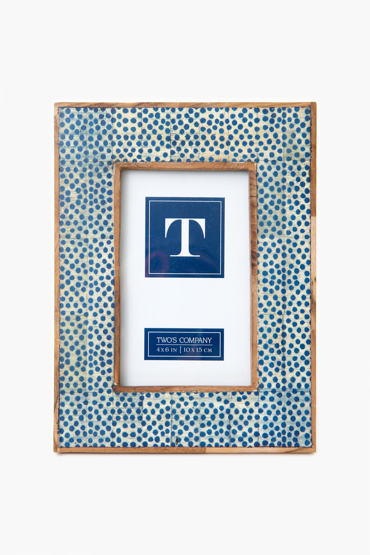 A handcrafted mango wood photo frame by Two's Company features a blue and white mosaic dotted pattern with a gold border, displaying a placeholder with the letter T and fits 4 x 6 in (10 x 15 cm) photos.