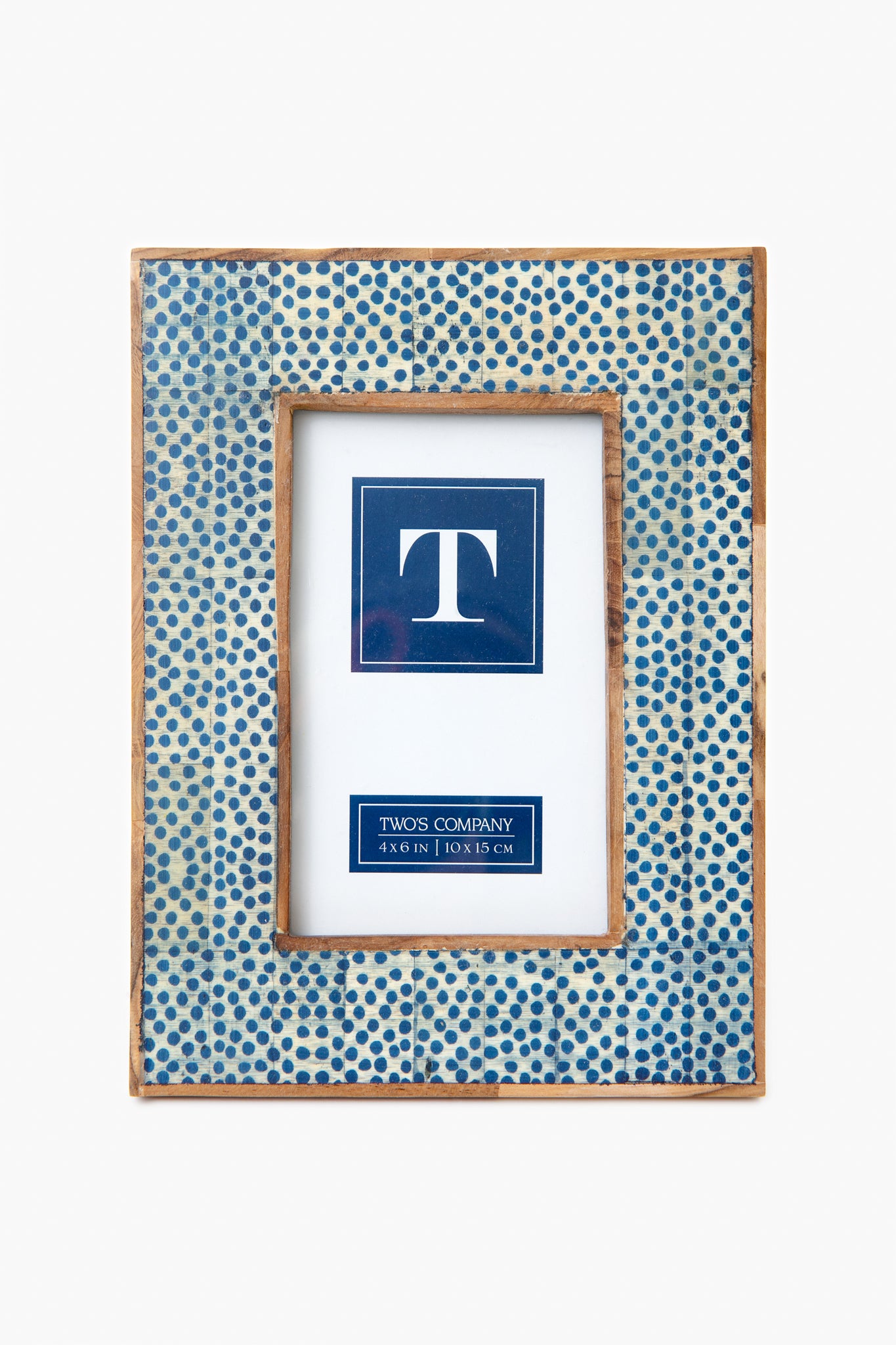 A handcrafted mango wood photo frame by Two's Company features a blue and white mosaic dotted pattern with a gold border, displaying a placeholder with the letter T and fits 4 x 6 in (10 x 15 cm) photos.