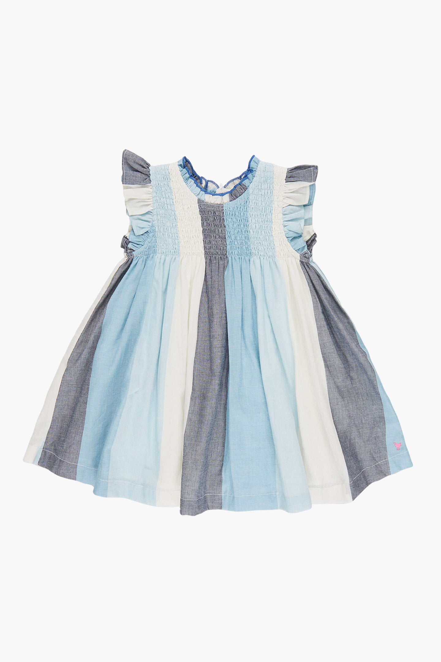 A sleeveless Pink Chicken girls’ cotton dress with ruffled shoulders, featuring alternating blue, white, and gray vertical panels in an Ocean Stripe chambray style, shown laid flat.