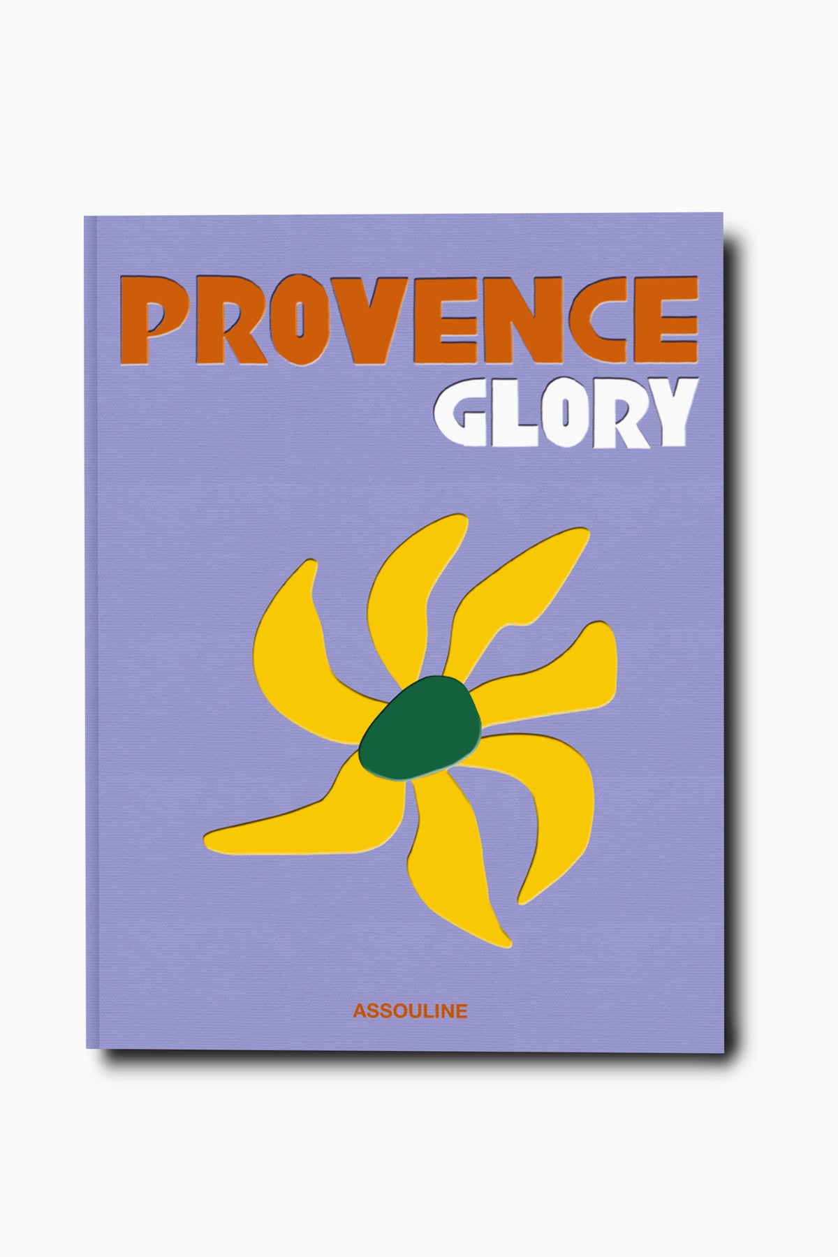 A lavender book cover titled "Provence Glory" by Assouline evokes the charm of Provence with a stylized yellow flower, green center, and the brand name at the bottom, inspired by the region’s iconic lavender fields.