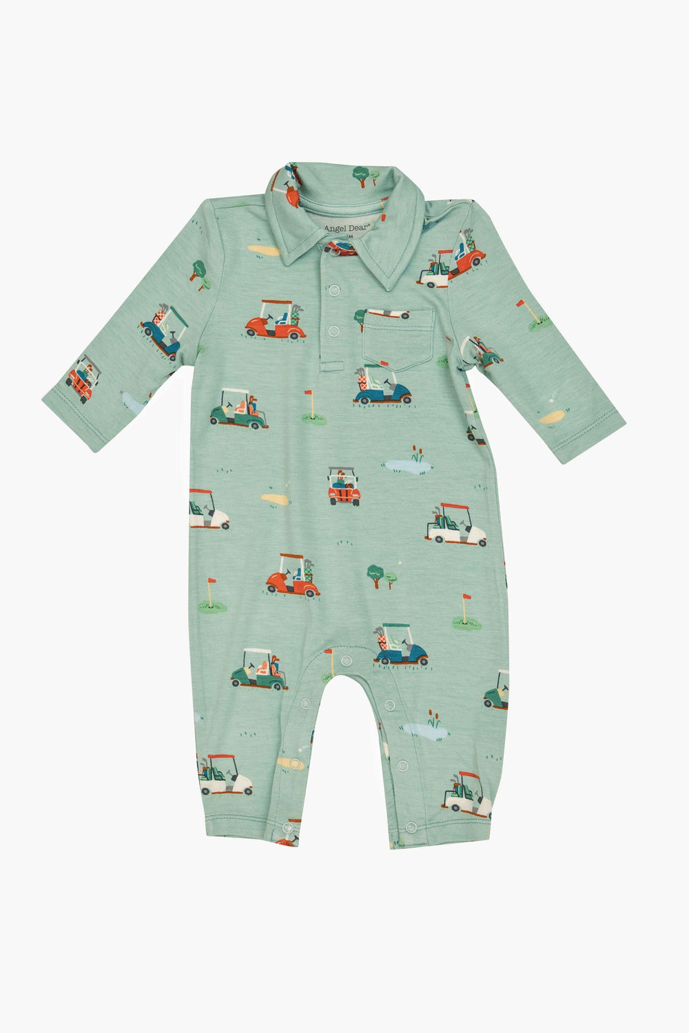 Angel Dear long-sleeve mint green baby polo romper crafted from soft bamboo fabric features a collar, front pocket, and playful car, people, tree, and cloud pattern.