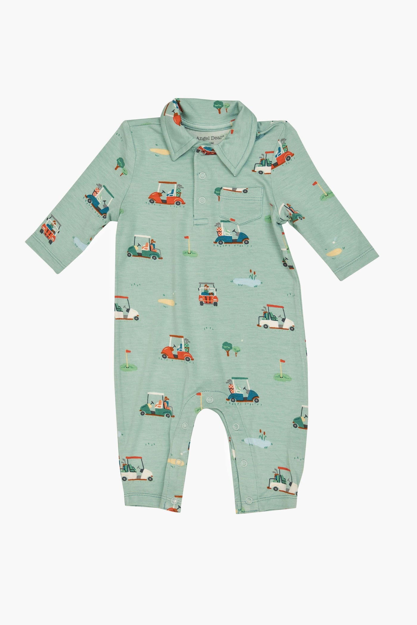 Angel Dear long-sleeve mint green baby polo romper crafted from soft bamboo fabric features a collar, front pocket, and playful car, people, tree, and cloud pattern.
