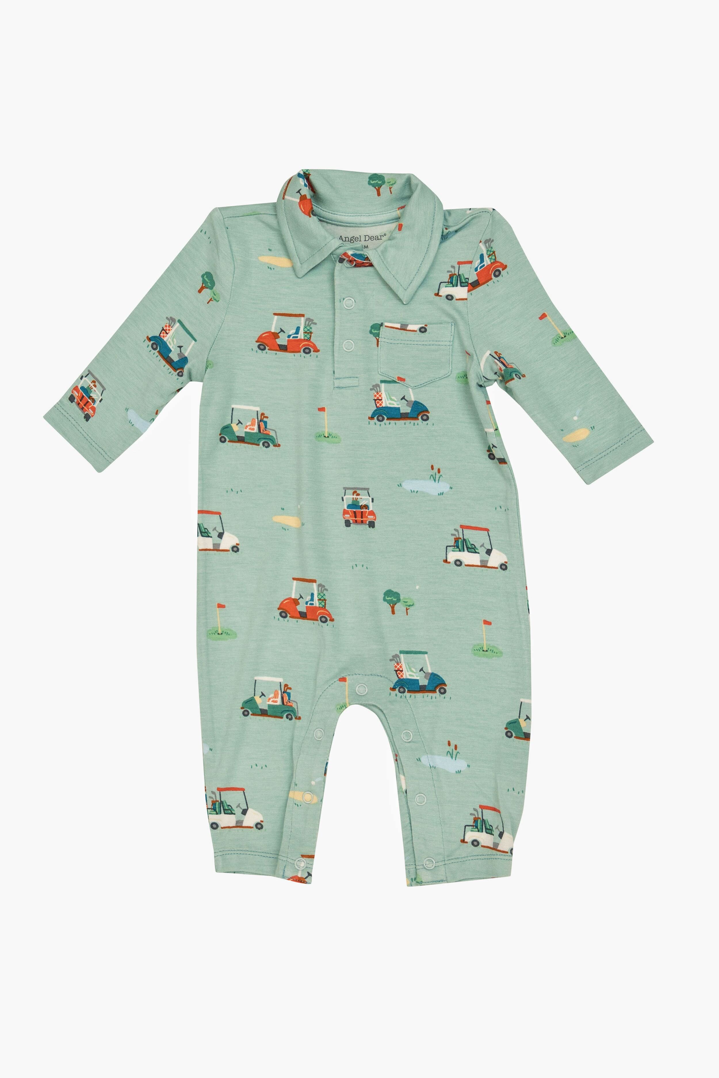 Angel Dear long-sleeve mint green baby polo romper crafted from soft bamboo fabric features a collar, front pocket, and playful car, people, tree, and cloud pattern.