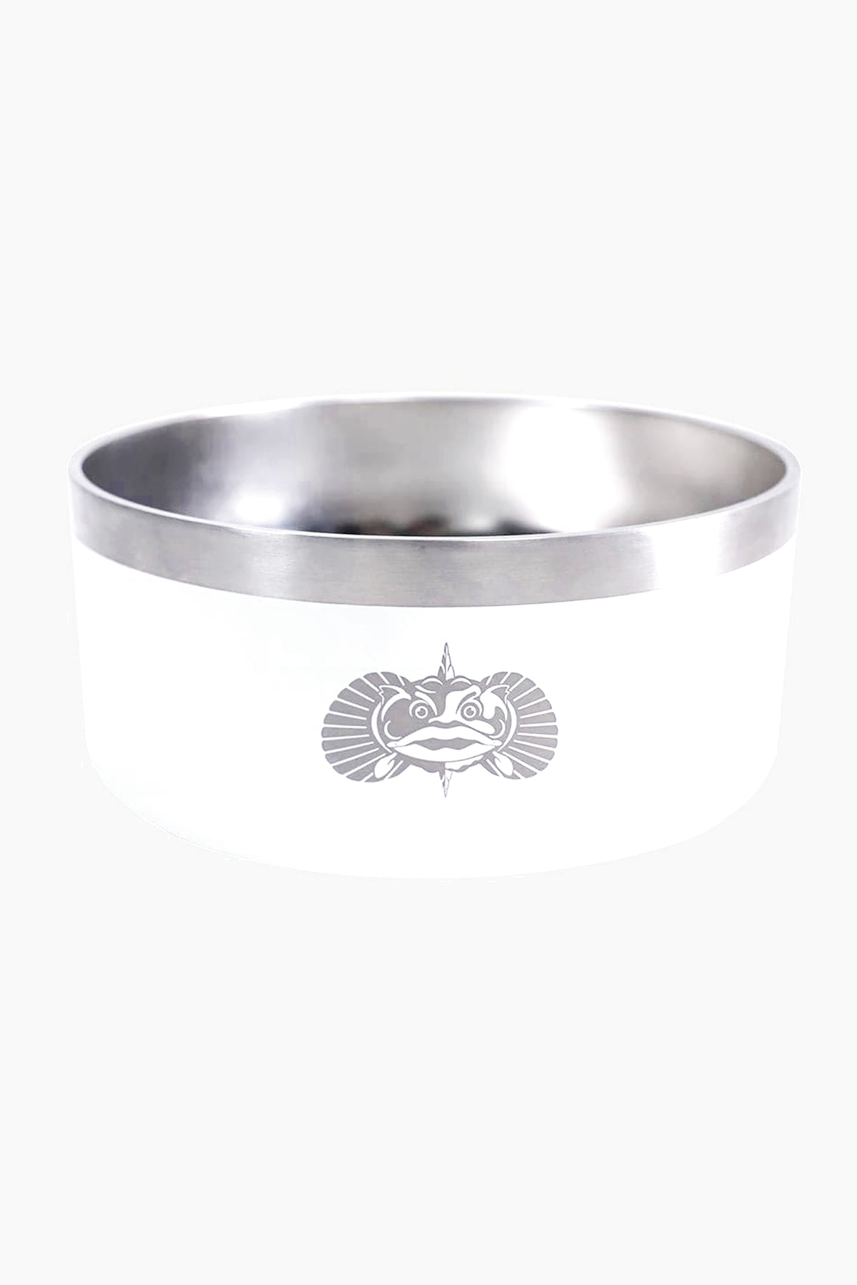 The Toadfish white and stainless steel dog bowl with a stylized fish design is ideal for pet owners looking for a non-tipping bowl.