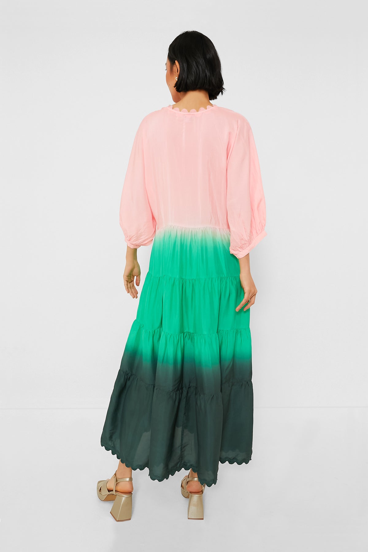 Peach Coloured Ric Rac Peach and Emerald Bottle Green Ombre V-Neck Loose Maxi Dress with Ric ...