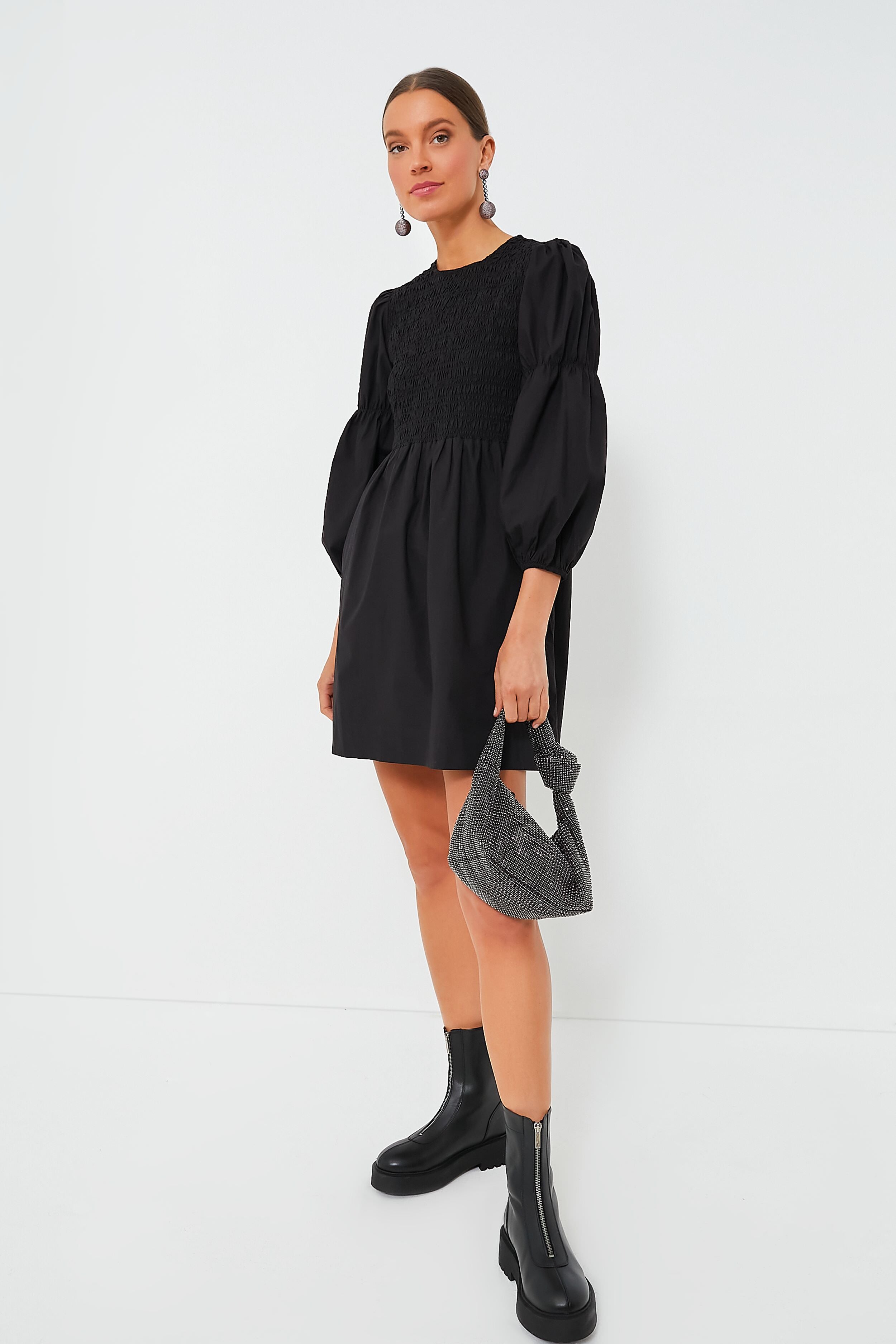Black Cotton Poplin Mini Smock Dress