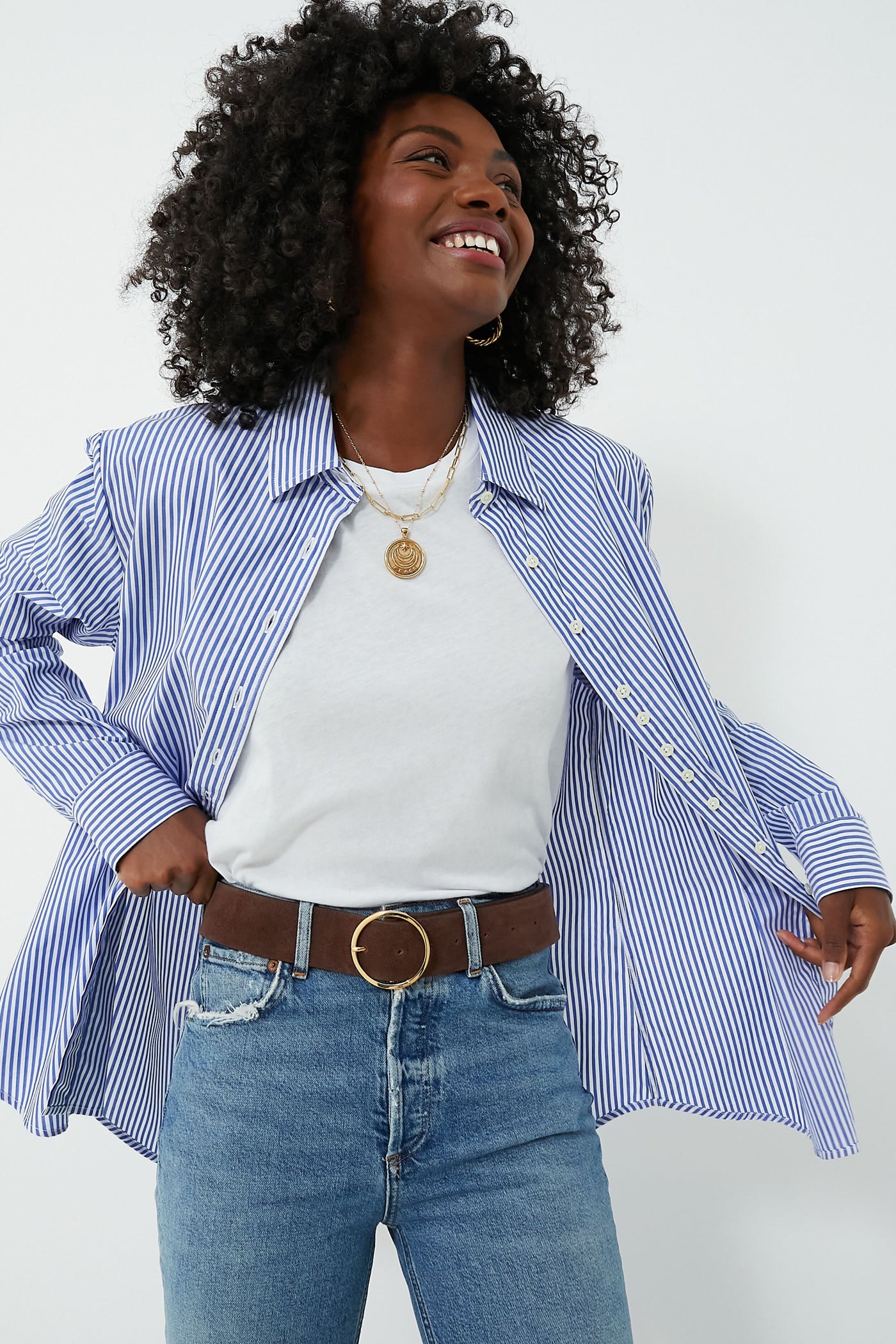 Blue and White Stripe Boyfriend Shirt