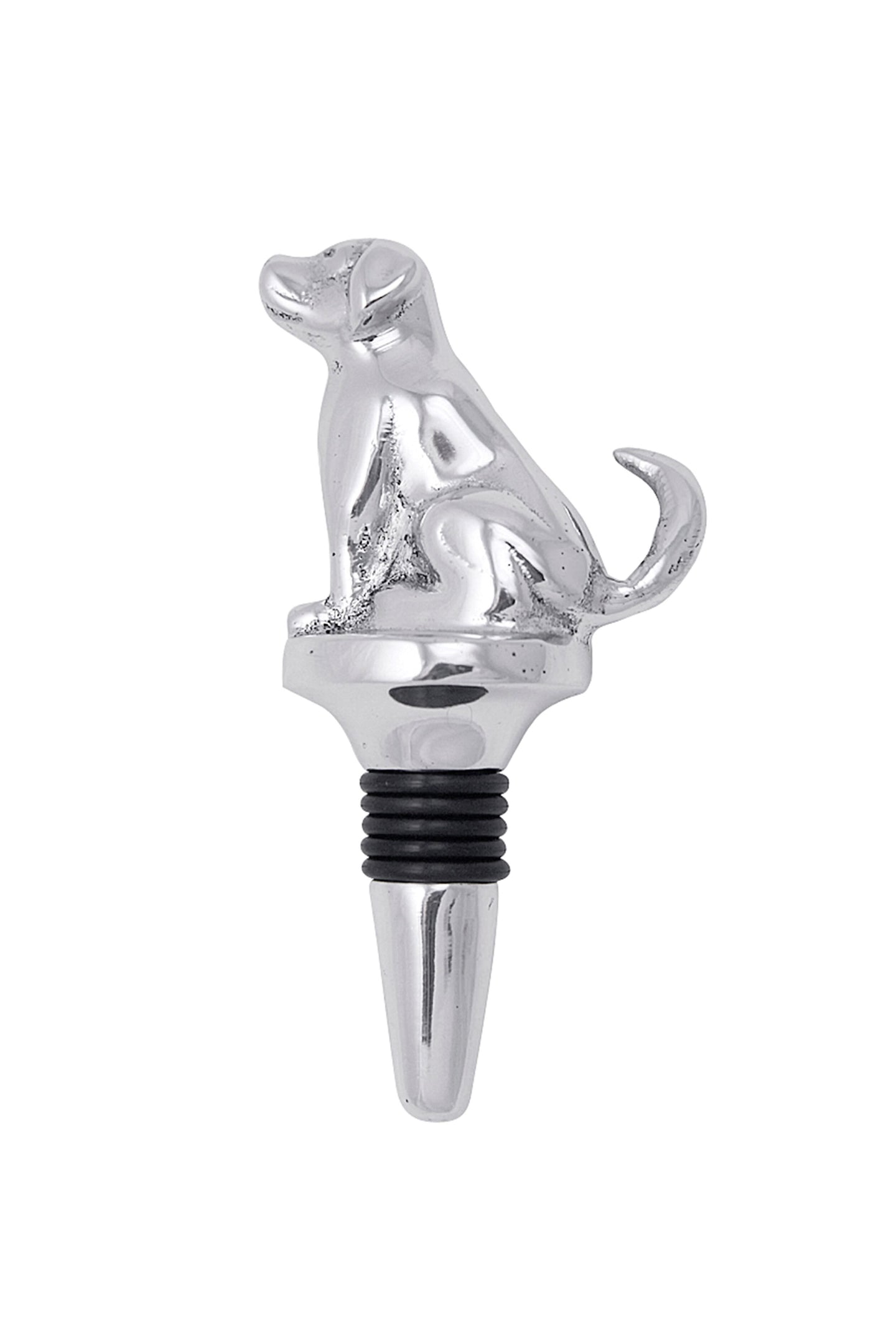 The Mariposa Lab Bottle Stopper features a handcrafted sitting dog figurine on top, made from recycled aluminum, and includes a black rubber ring around the stopper.