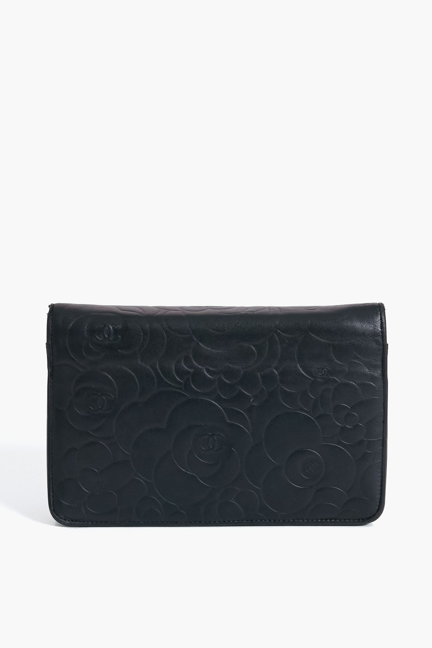 CHANEL Black Camellia Leather Wallet On Chain