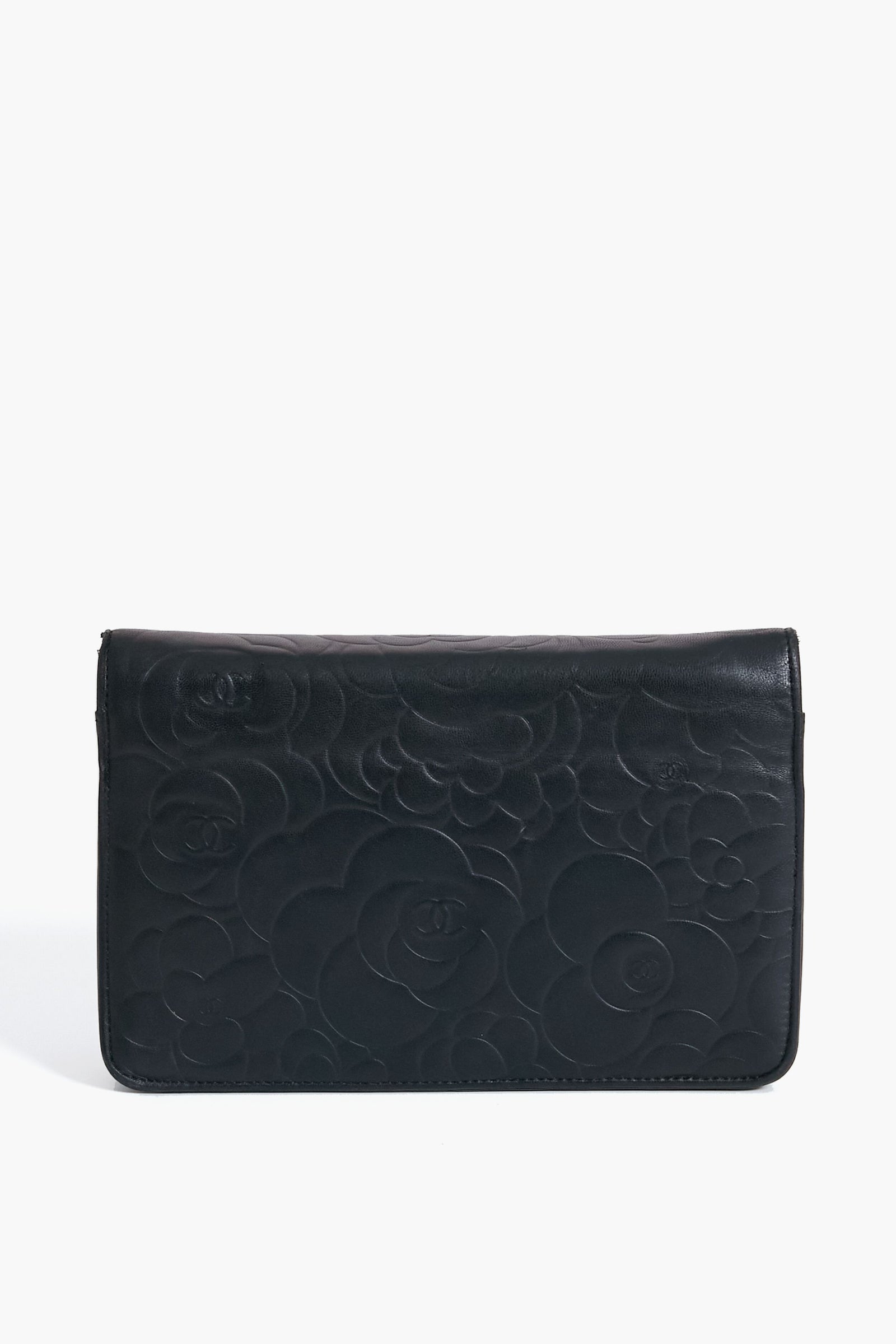 CHANEL Black Camellia Leather Wallet On Chain