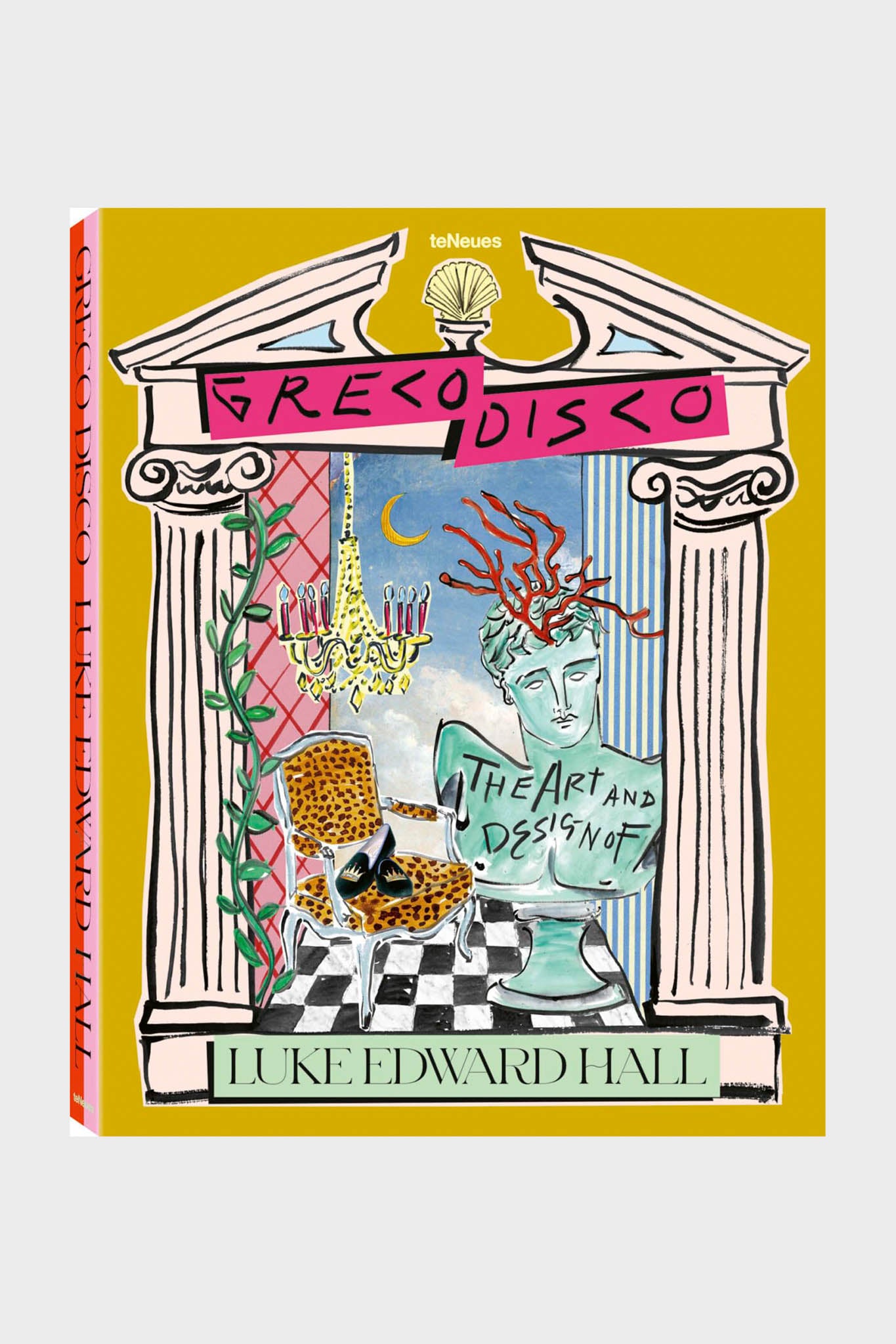 The Teneues book Greco Disco: The Art and Design of Luke Edward Hall features a cover with vibrant, eclectic illustrations inspired by interiors, including a statue, leopard chair, chandelier, and ornate columns.
