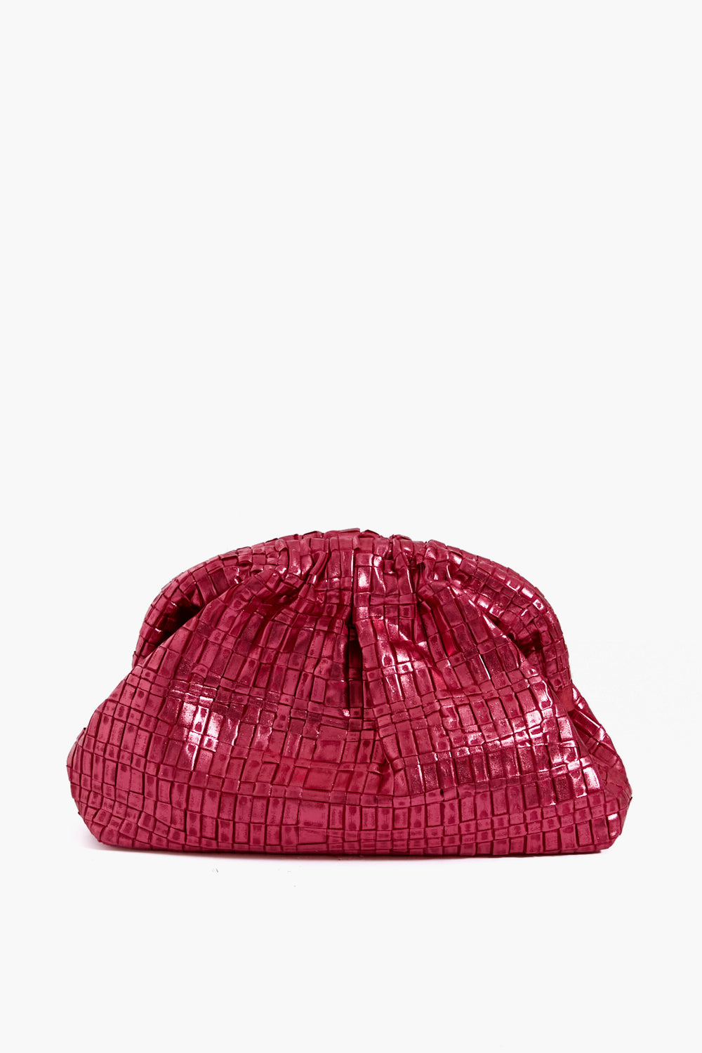 The Maria La Rosa Rosa Antico Game Clutch is a textured, shiny magenta metallic pink bag with a gathered top, creating a striking handwoven Italian clutch.