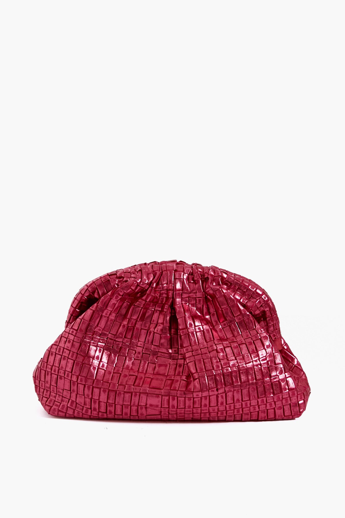 The Maria La Rosa Rosa Antico Game Clutch is a textured, shiny magenta metallic pink bag with a gathered top, creating a striking handwoven Italian clutch.