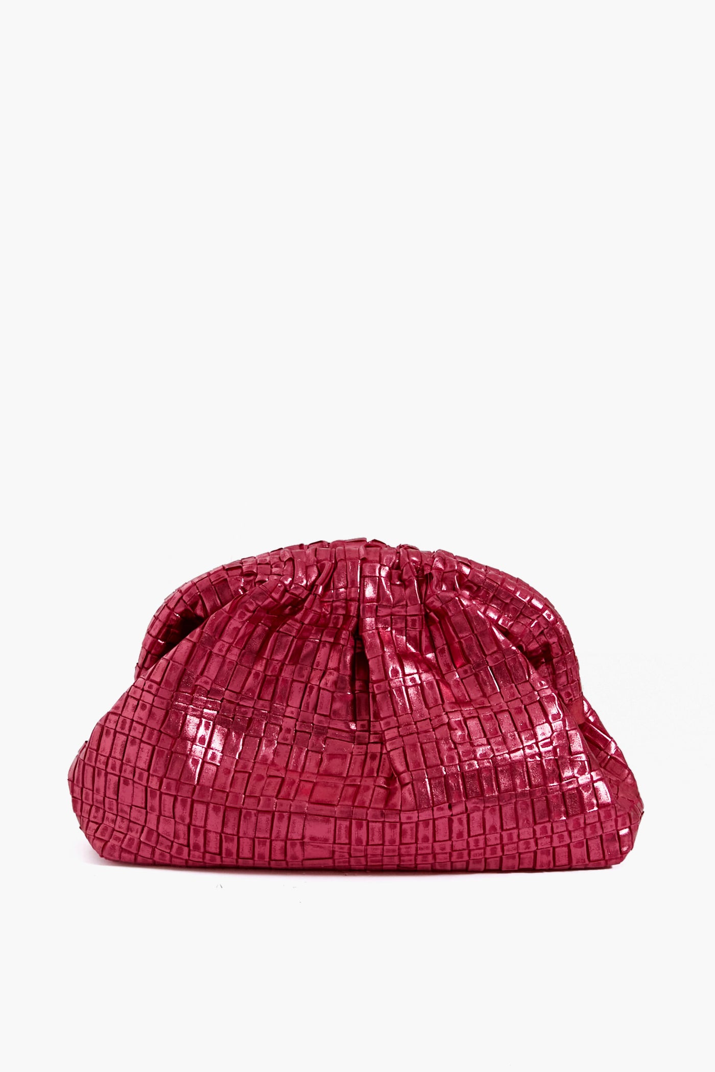 The Maria La Rosa Rosa Antico Game Clutch is a textured, shiny magenta metallic pink bag with a gathered top, creating a striking handwoven Italian clutch.