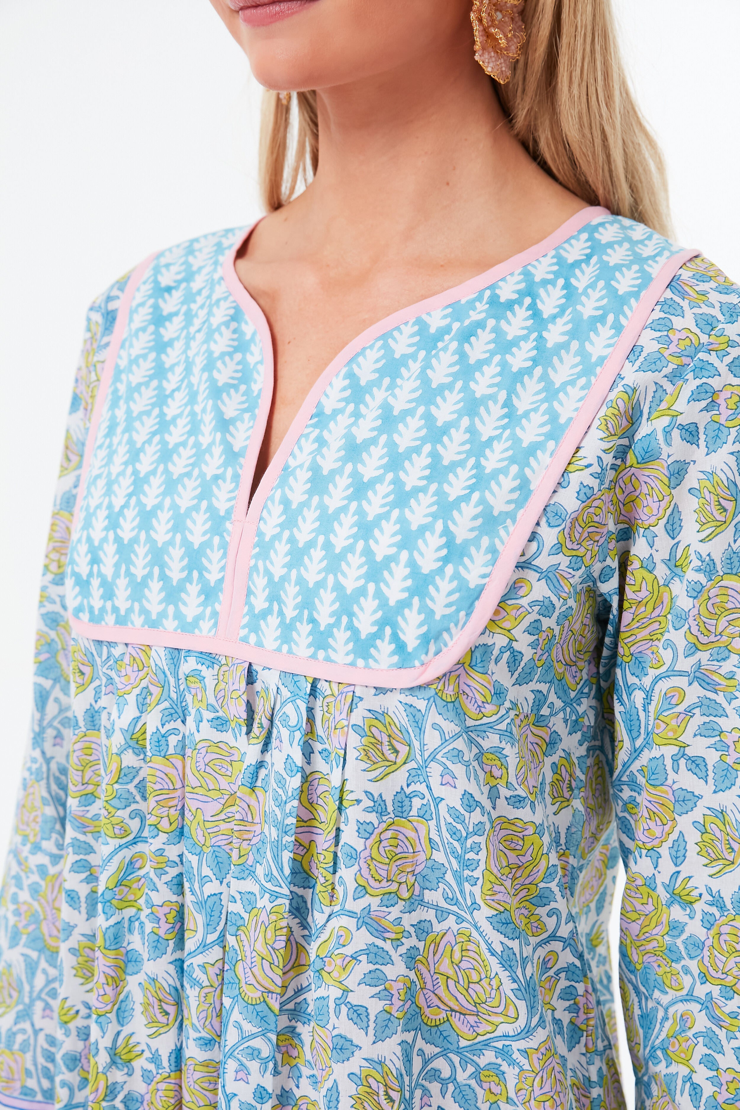 Cornflower Blue and Pop Green Rose Print Jaipur Dress