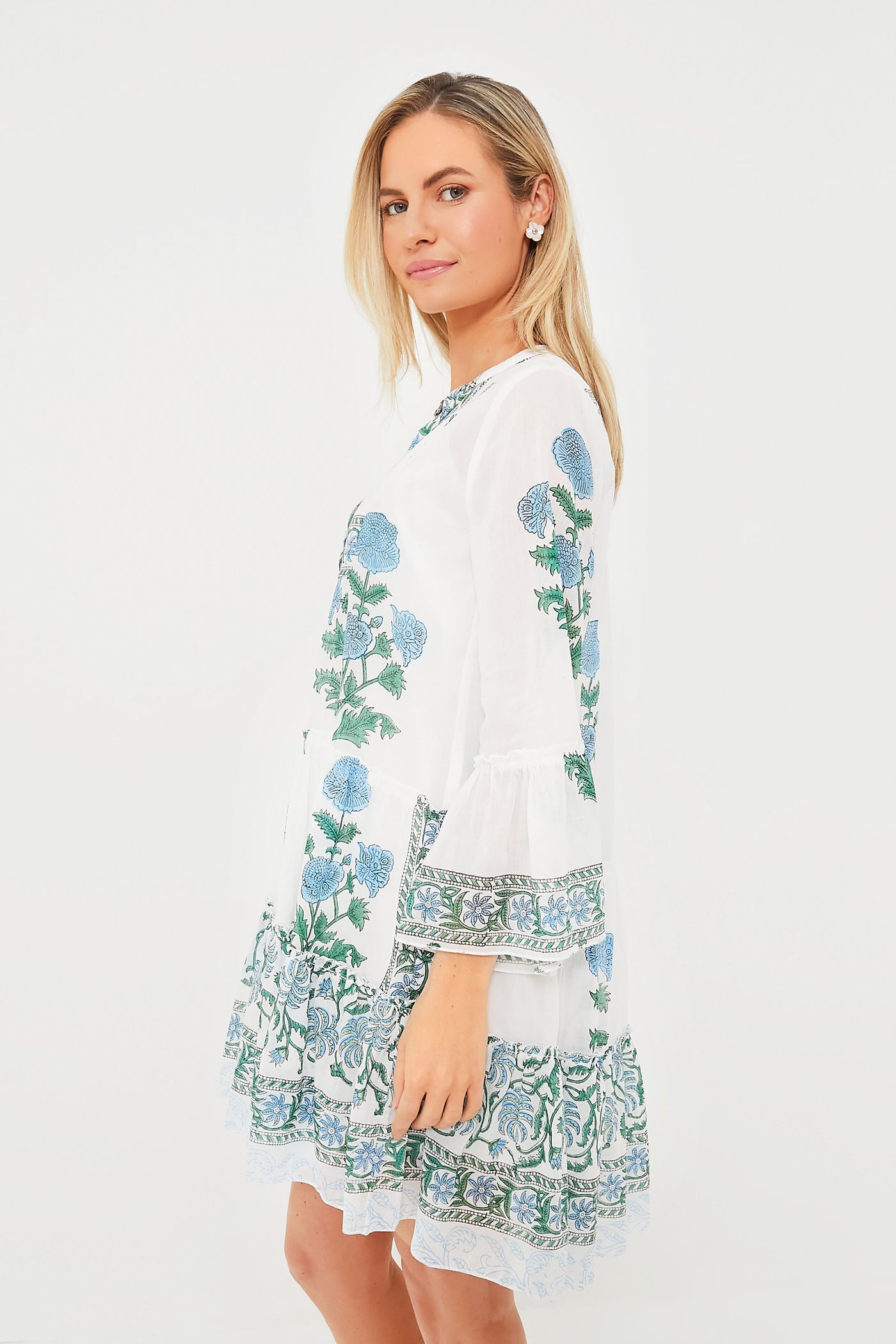 Exclusive White Poppy Flared Sleeve Dress