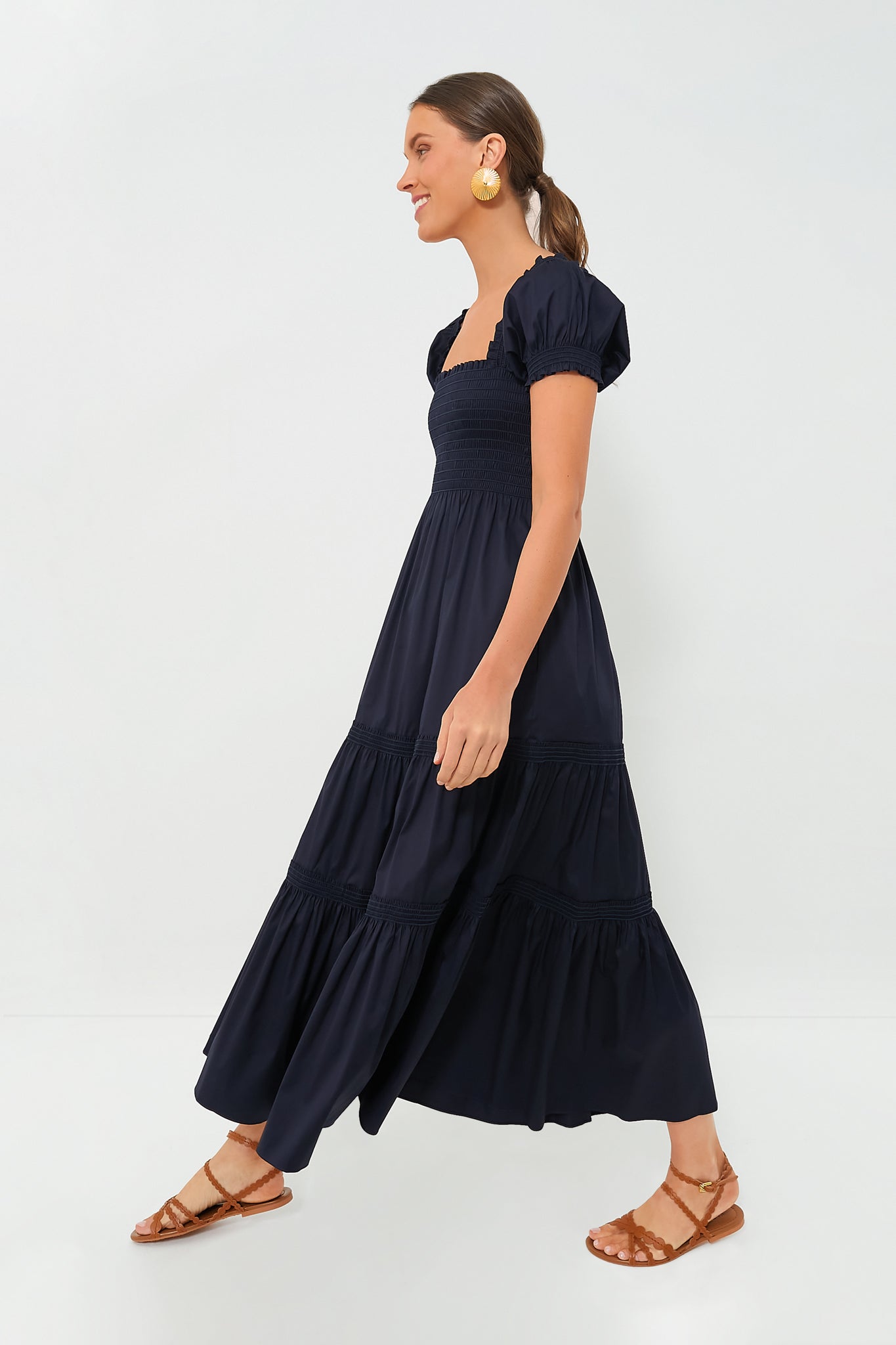 navy blue cotton dress for women Iga Gathered Organic Cotton Maxi Dress Dark Navy / XL