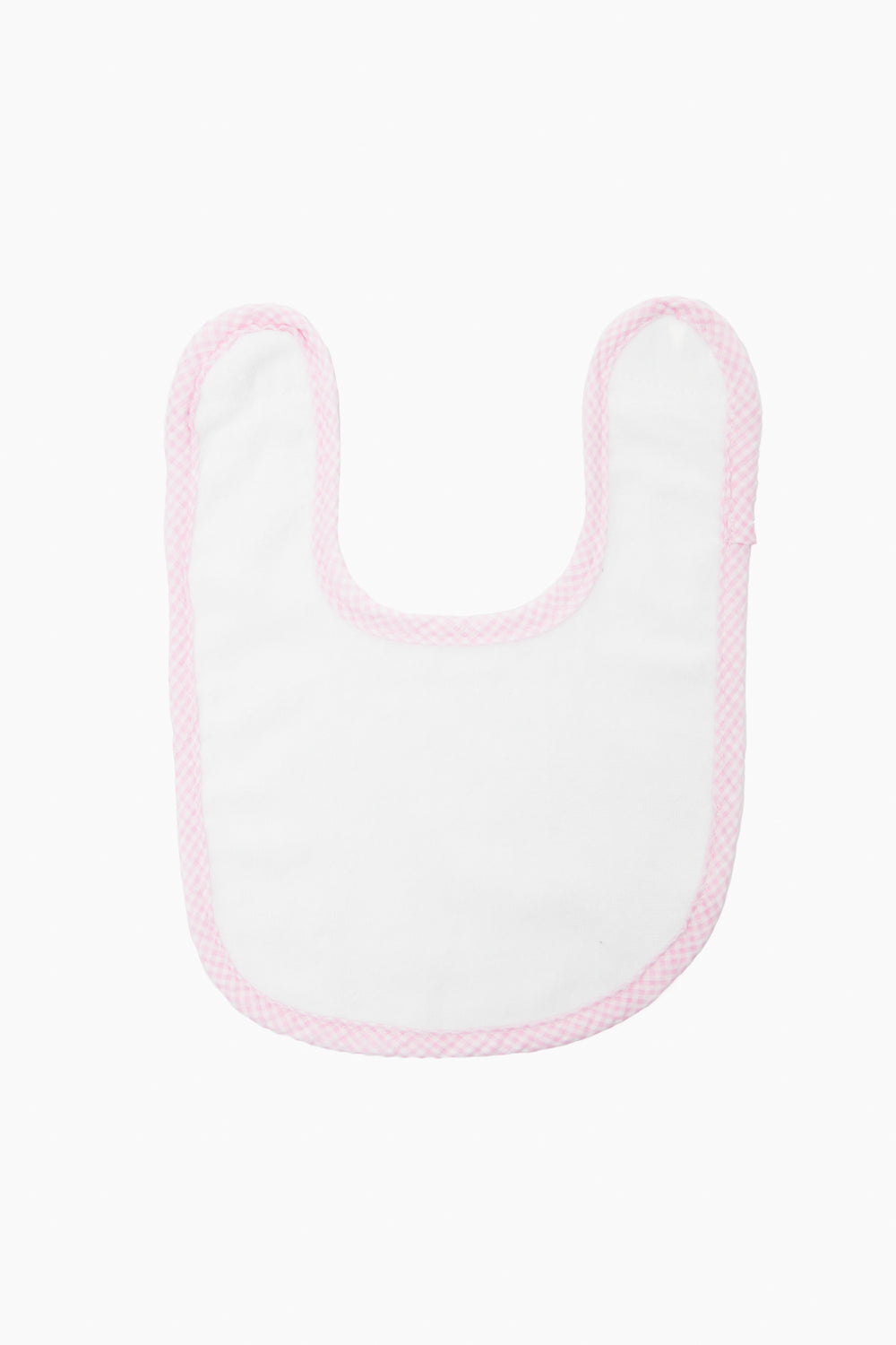 Caton's Wharf white cotton bib with a pink gingham border—perfect for babies.