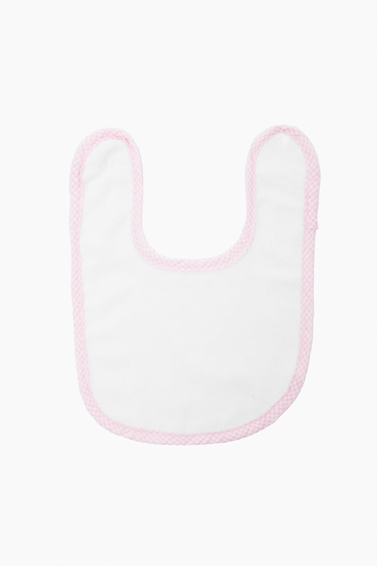 Caton's Wharf white cotton bib with a pink gingham border—perfect for babies.