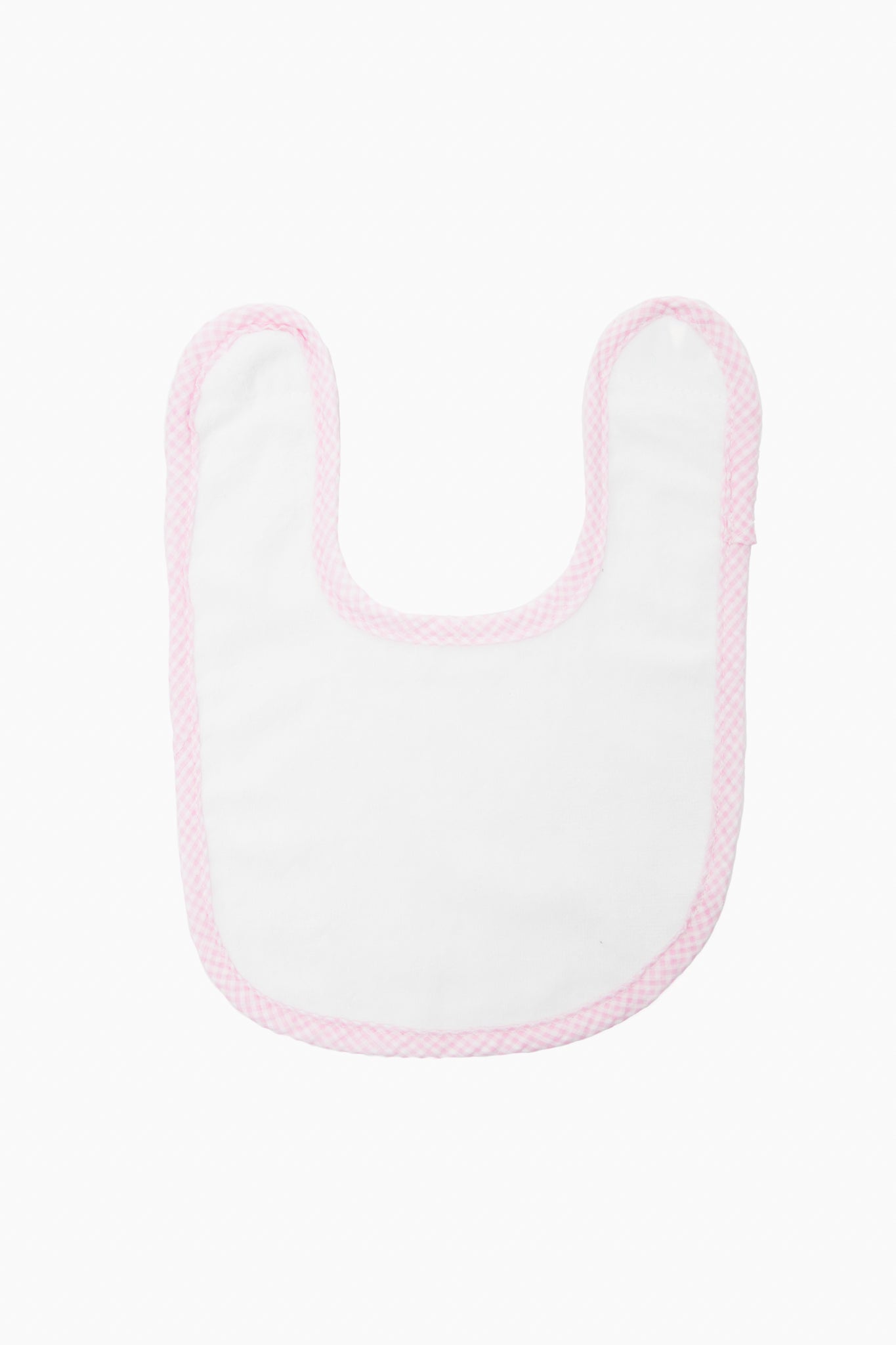 Caton's Wharf white cotton bib with a pink gingham border—perfect for babies.